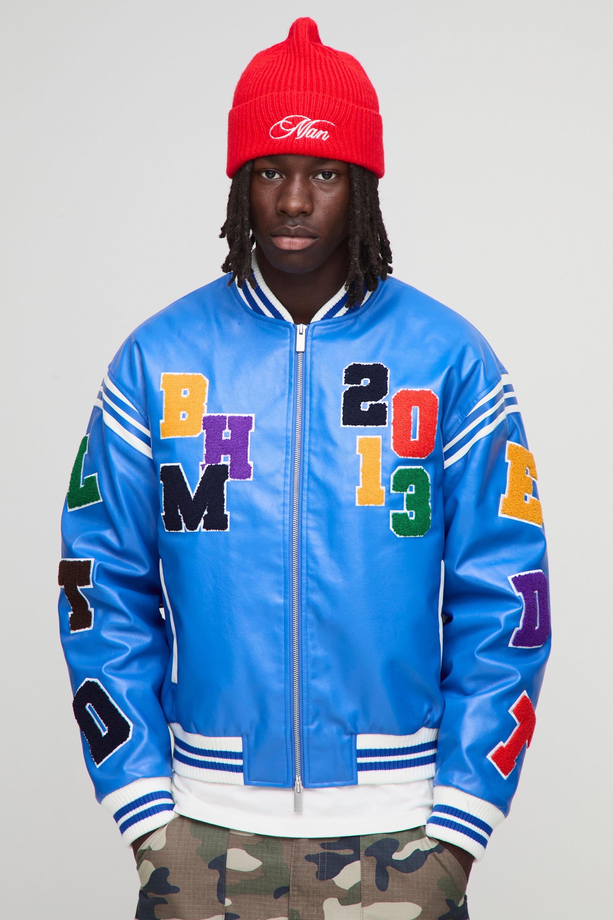 Boxy Fit Letter Badge Applique PU Varsity Bomber Jacket by BOOHOOMAN Boxy Fit Letter Badge Applique PU Varsity Bomber Jacket by BOOHOOMAN