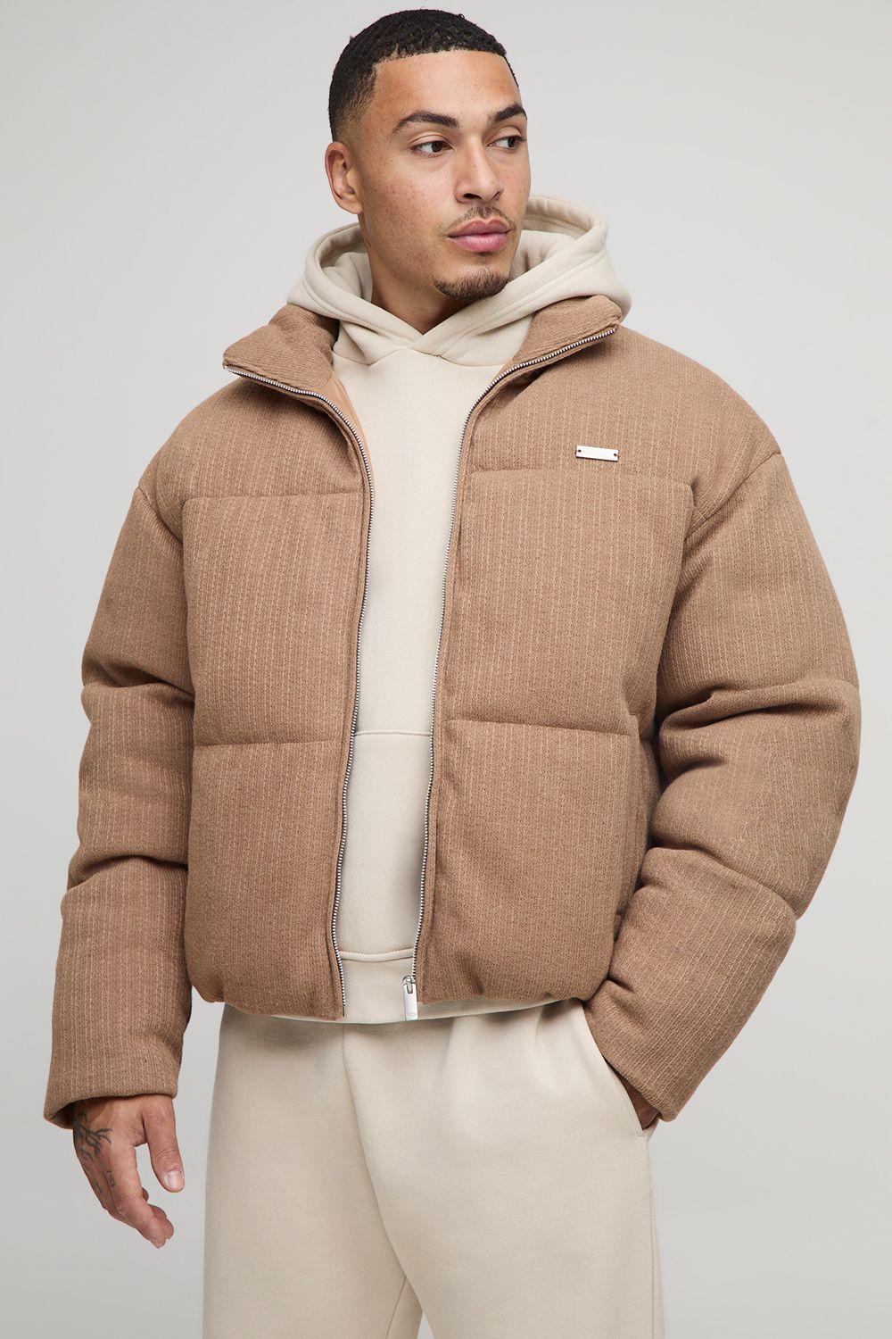 Boxy Fit Mini Knitted Textured Funnel Neck Puffer Jacket by BOOHOOMAN