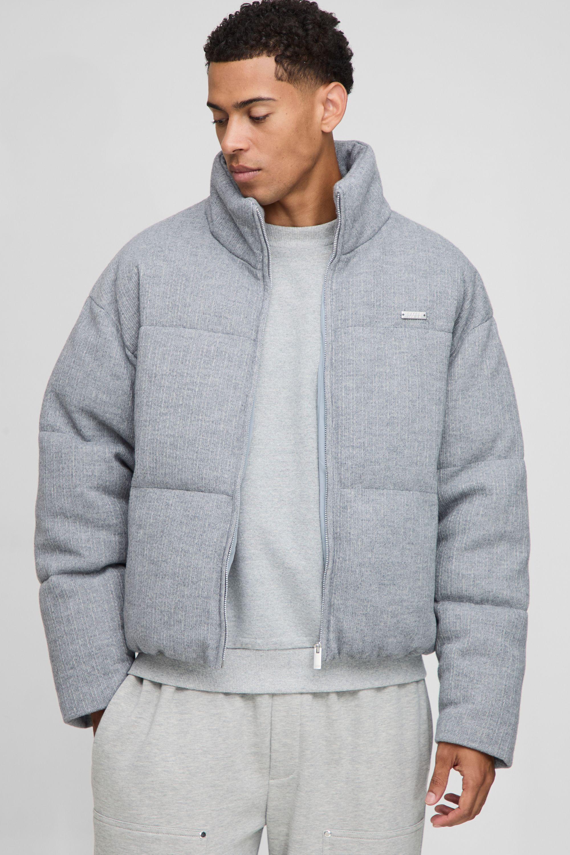 Boxy Fit Mini Knitted Textured Funnel Neck Puffer Jacket by BOOHOOMAN Boxy Fit Mini Knitted Textured Funnel Neck Puffer Jacket by BOOHOOMAN