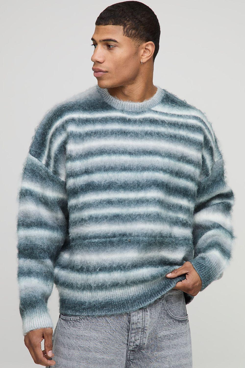 Boxy Fit Ombre Brushed Stripe Knitted Jumper by BOOHOOMAN Boxy Fit Ombre Brushed Stripe Knitted Jumper by BOOHOOMAN