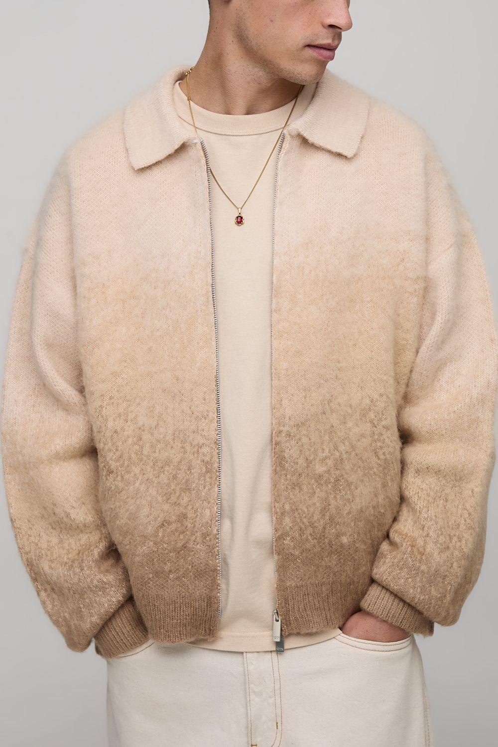 Boxy Fit Ombre Zip Through Knitted Harrington by BOOHOOMAN