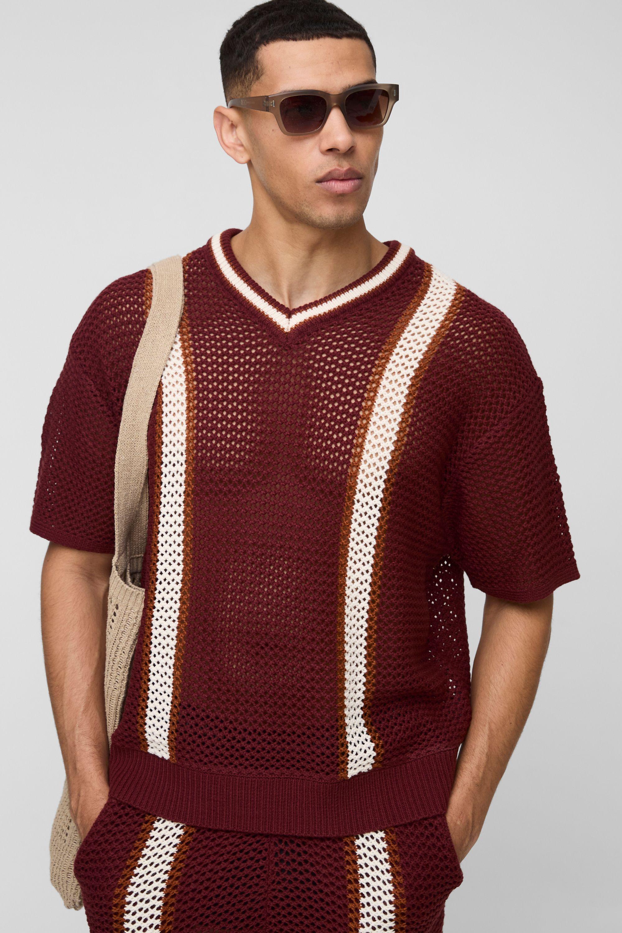Boxy Fit Open Stitch V Neck Striped Knitted T-Shirt by BOOHOOMAN