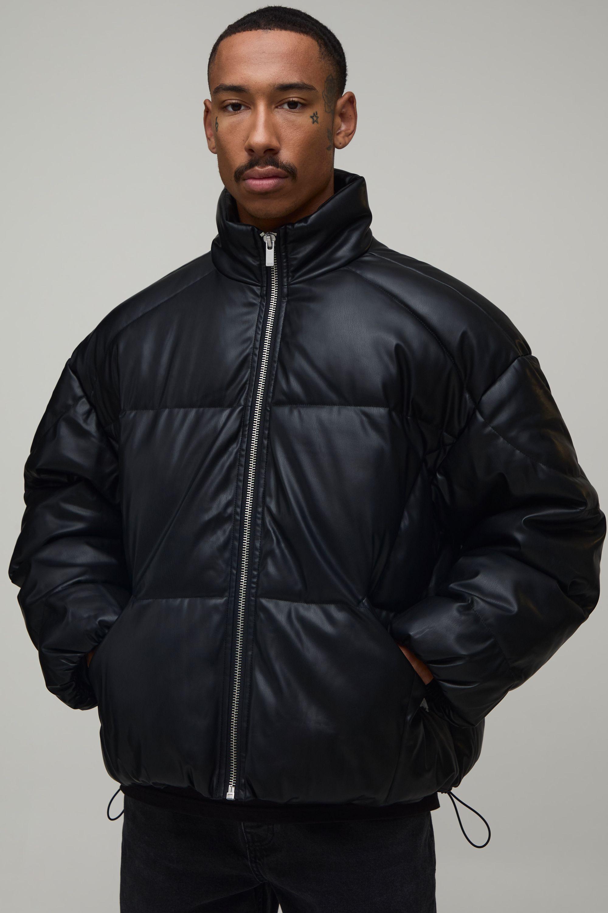 Boxy Fit PU Panelled Funnel Neck Puffer by BOOHOOMAN