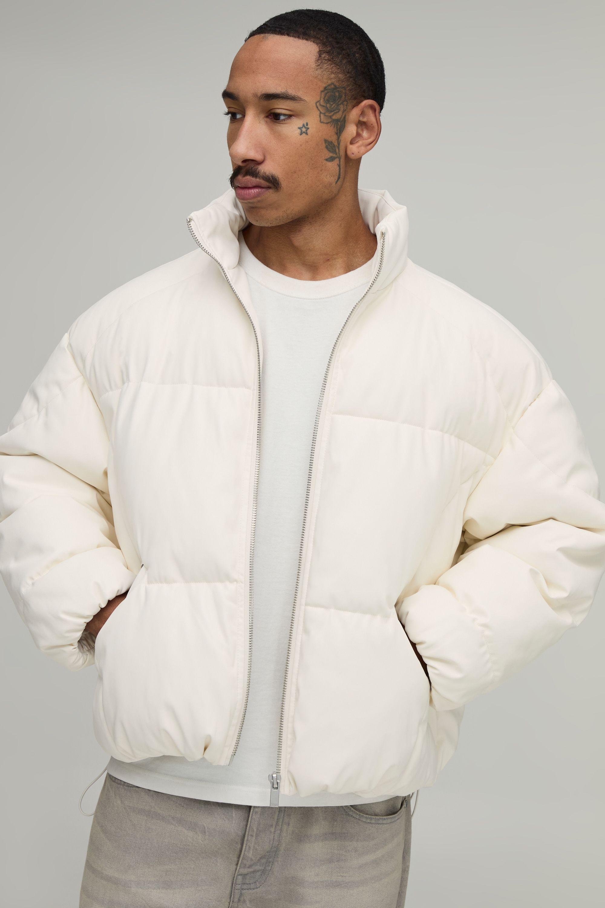 Boxy Fit PU Panelled Funnel Neck Puffer by BOOHOOMAN