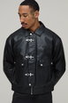Boxy Fit PU & Check Reversible Fireman Clasp Bomber Jacket by BOOHOOMAN
