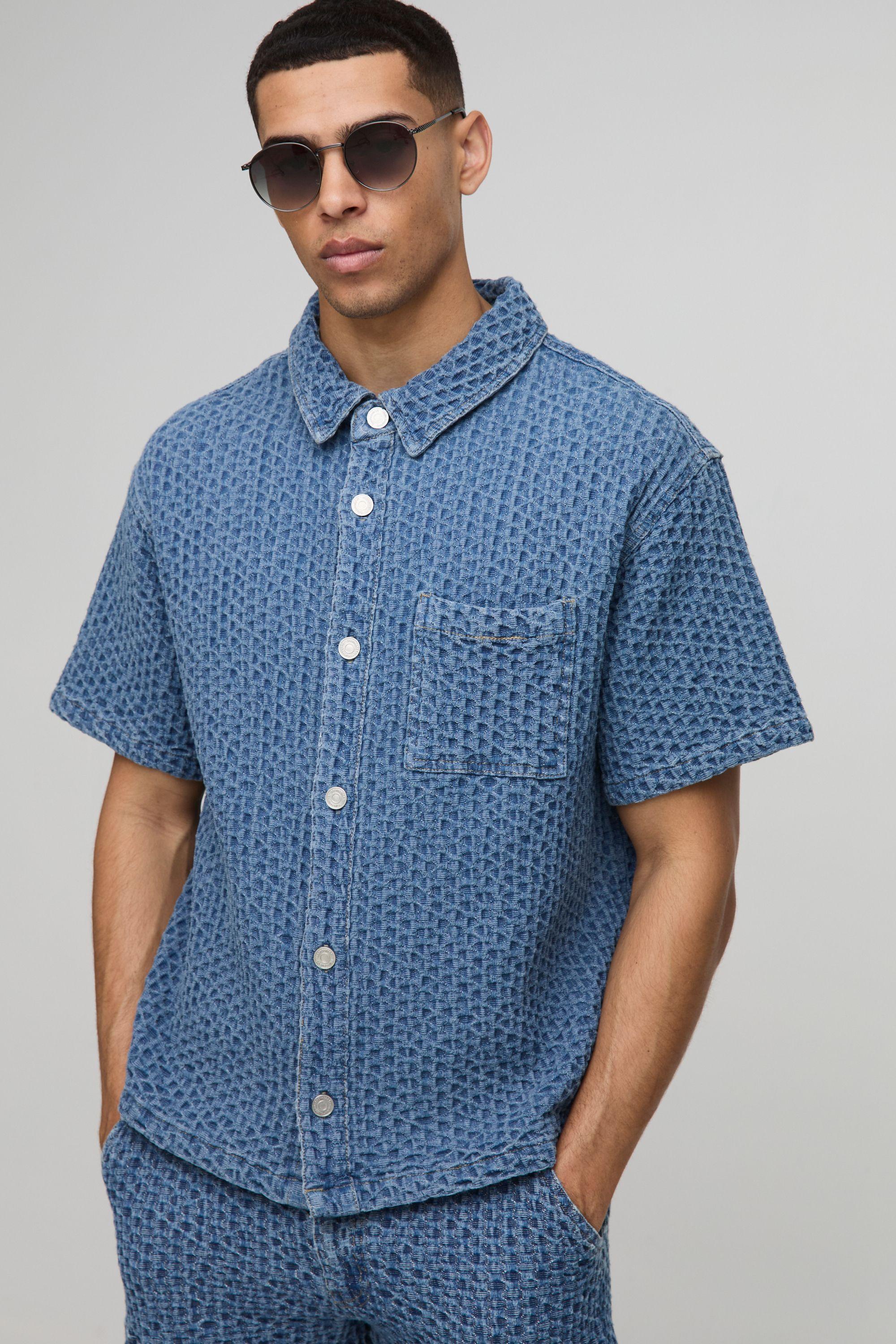 Boxy Fit Revere Textured Denim Shirt by BOOHOOMAN