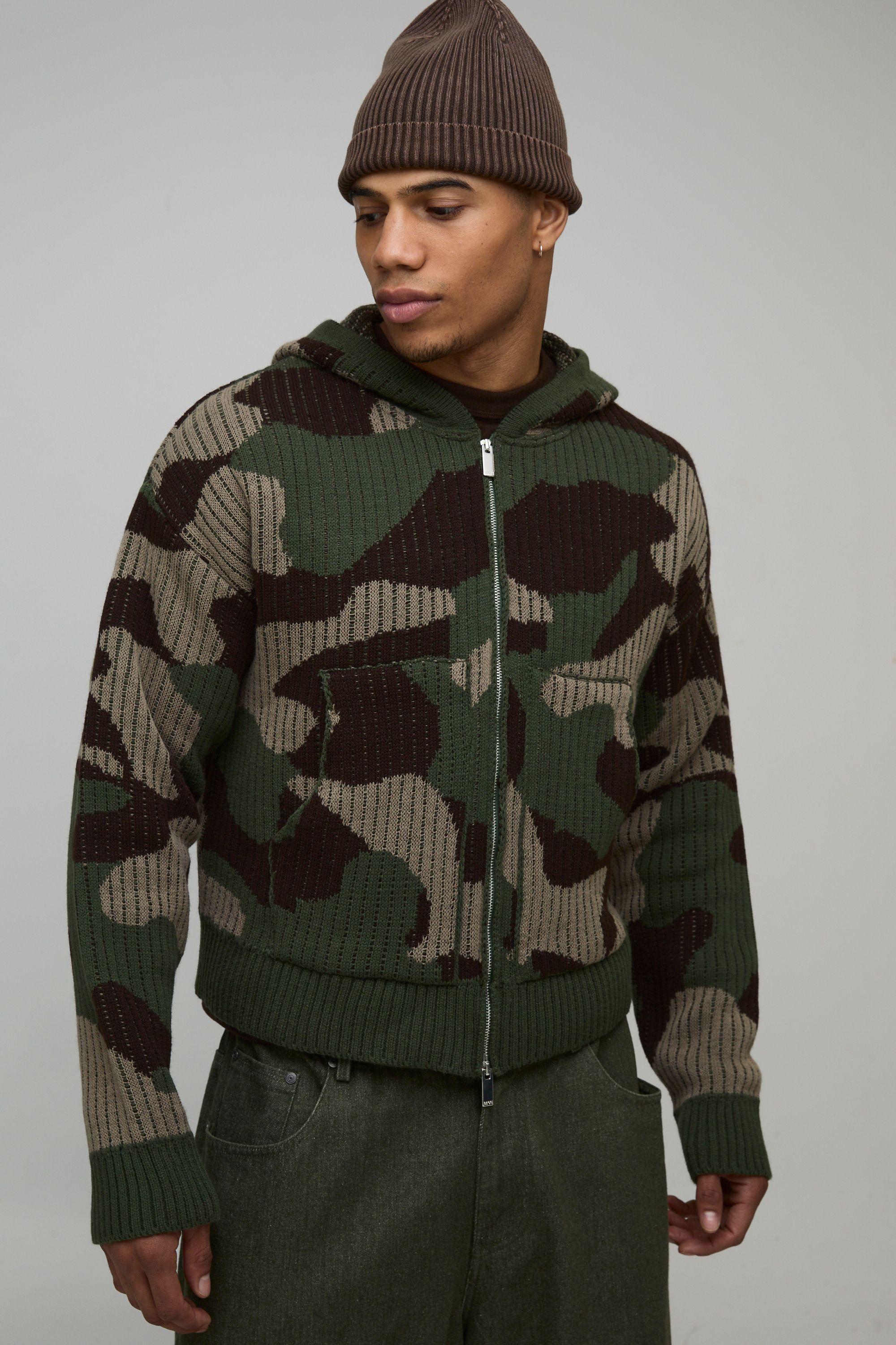 Boxy Fit Ribbed Camo Jacquard Knitted Zip Through Hoodie by BOOHOOMAN