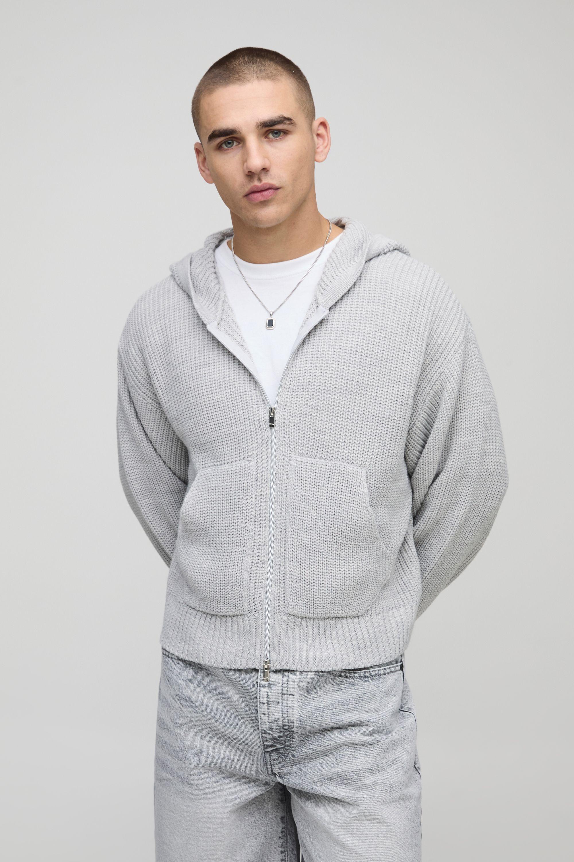 Boxy Fit Ribbed Zip Thru Knitted Hoodie by BOOHOOMAN