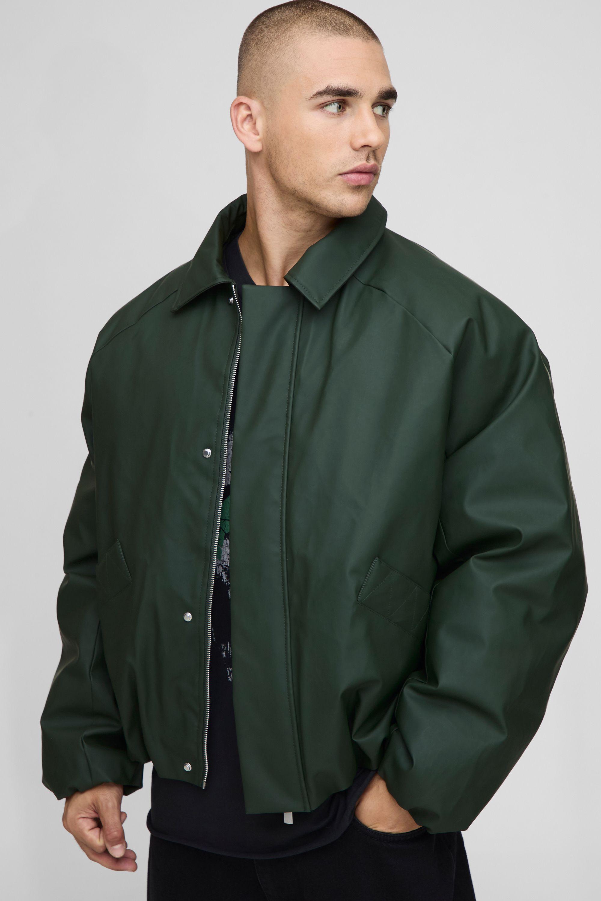 Boxy Fit Rubberised PU Padded Harrington Jacket by BOOHOOMAN