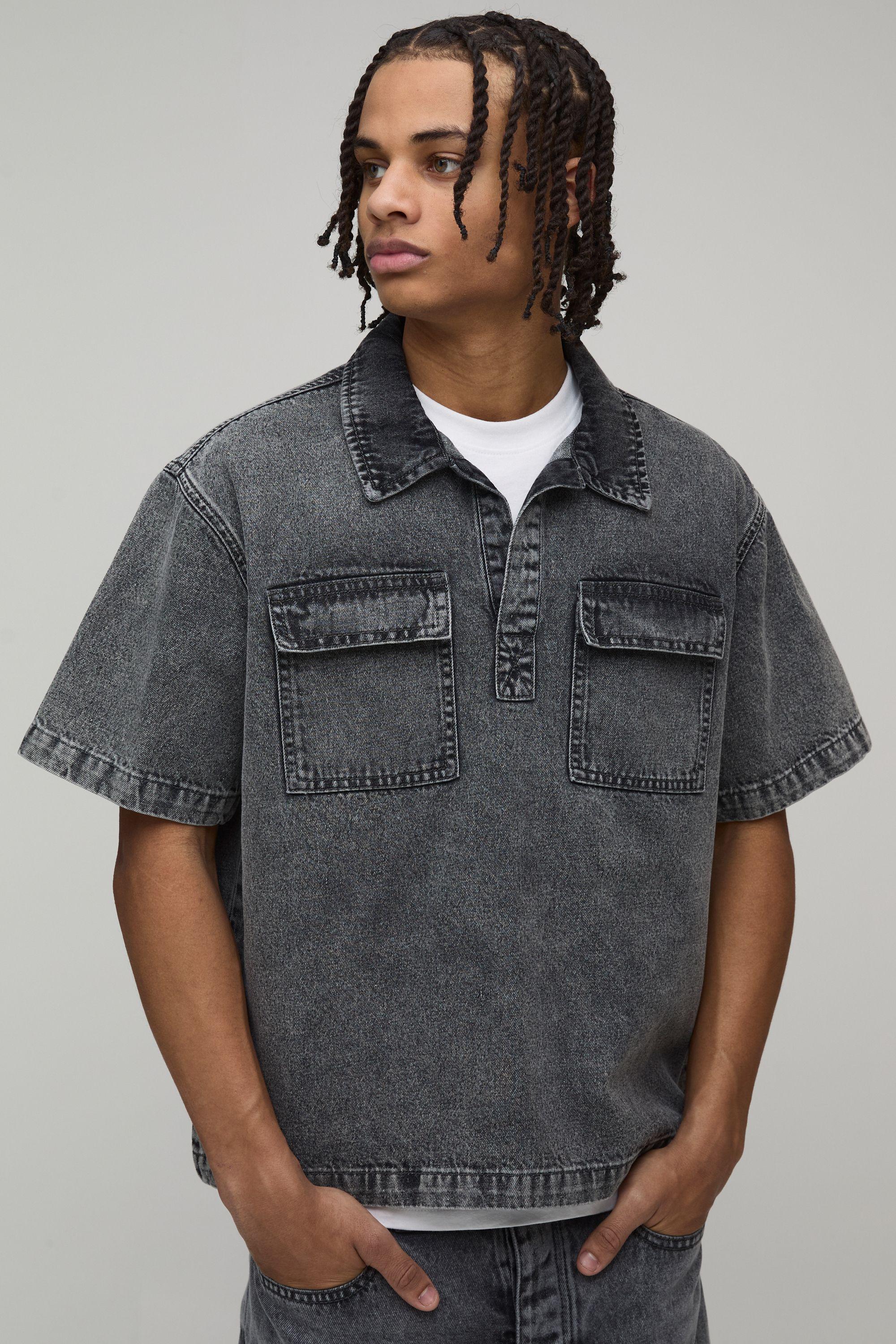 Boxy Fit Rugby Collar Washed Denim Shirt by BOOHOOMAN