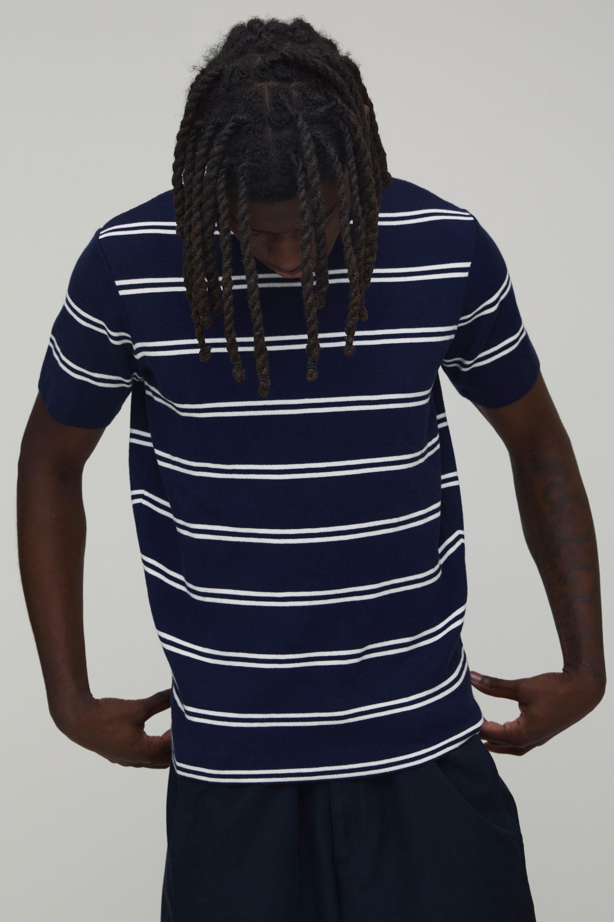 Boxy Fit Stripe Knitted T-Shirt by BOOHOOMAN