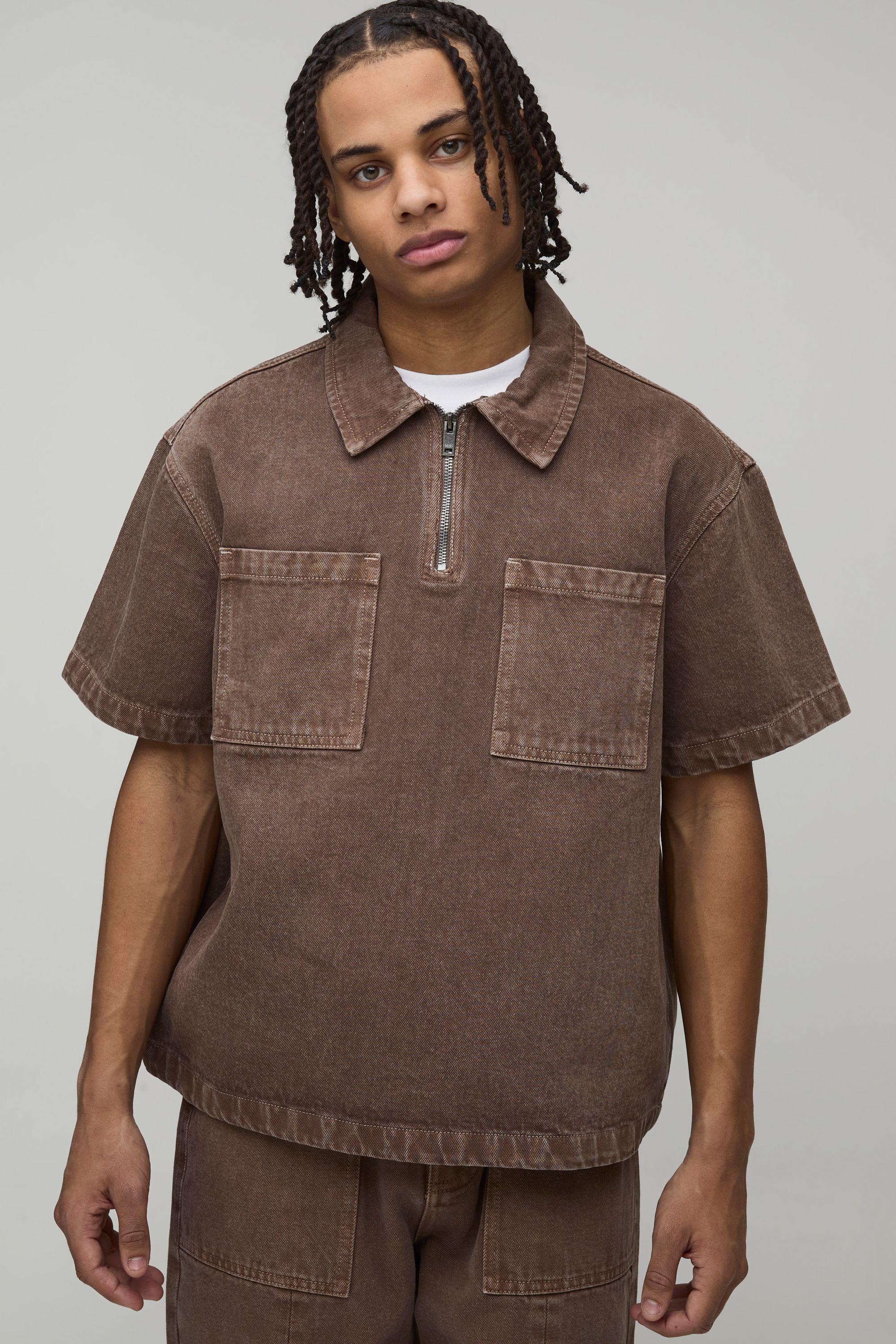 Boxy Fit Tinted Washed 1/4 Zip Denim Shirt by BOOHOOMAN
