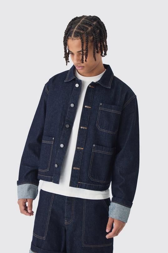Boxy Fit Turn Up Denim Jacket In Indigo by BOOHOOMAN