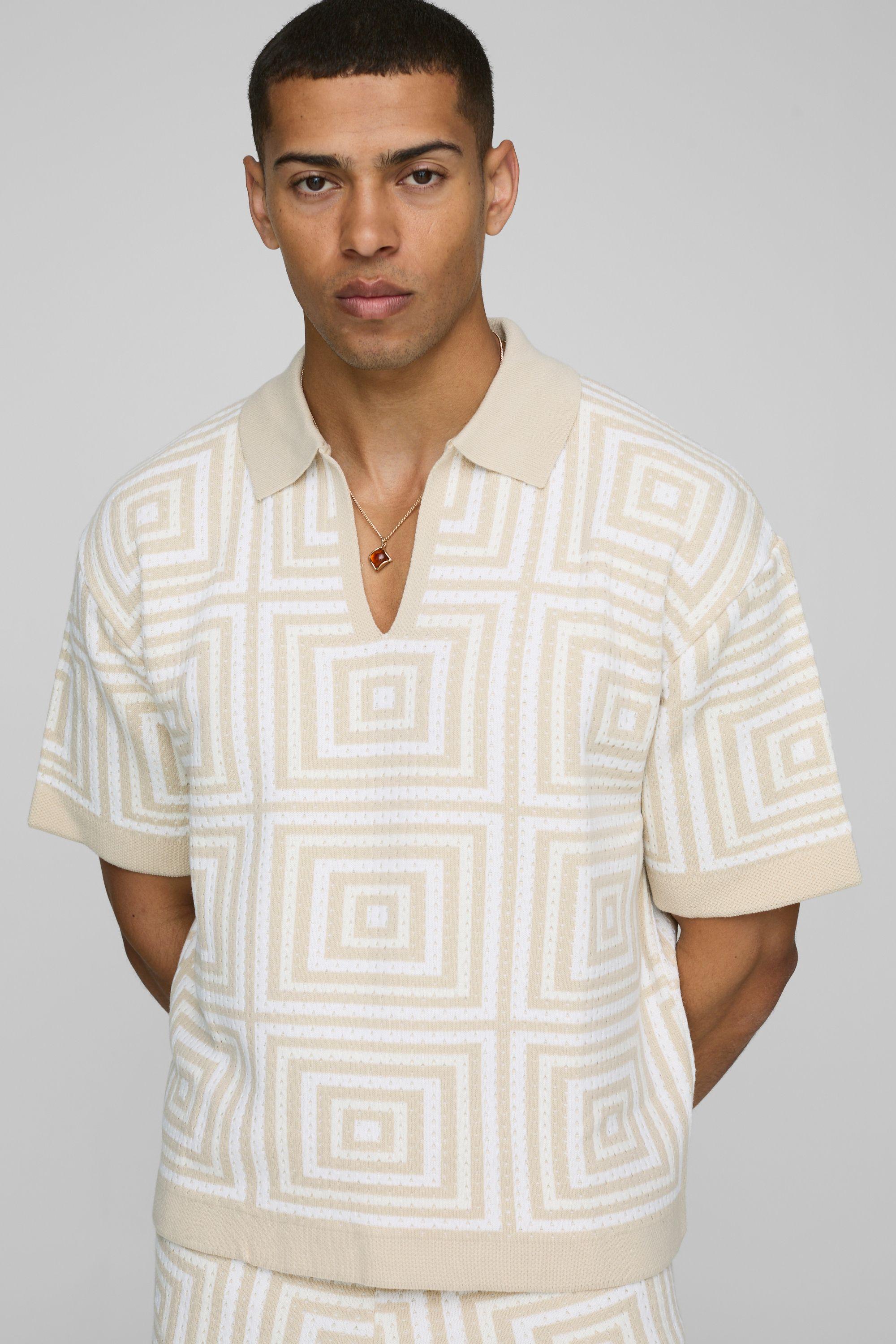 Boxy Fit V Neck Crochet Square Knitted Polo by BOOHOOMAN