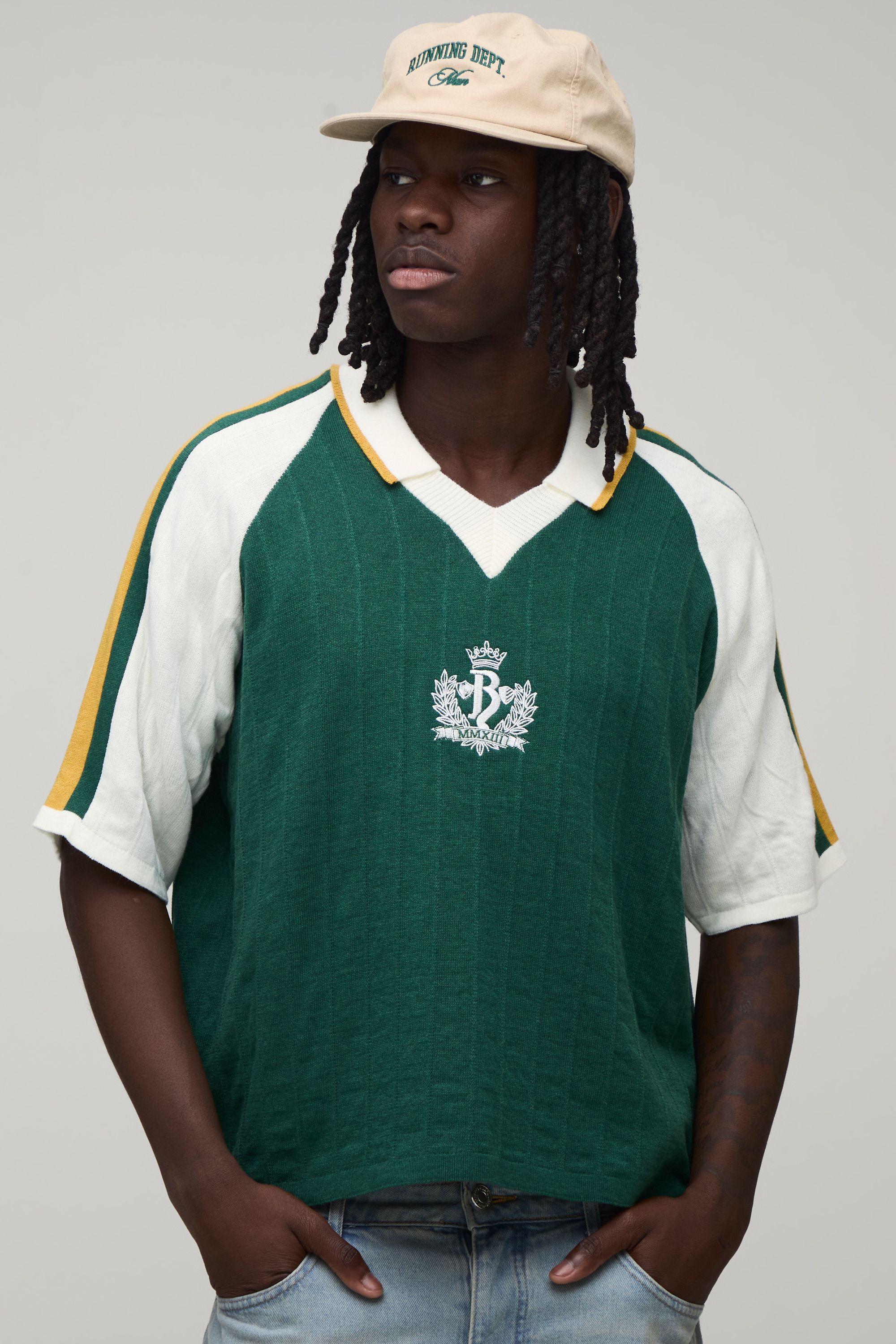 Boxy Fit Varsity Ribbed Raglan Knitted Polo by BOOHOOMAN