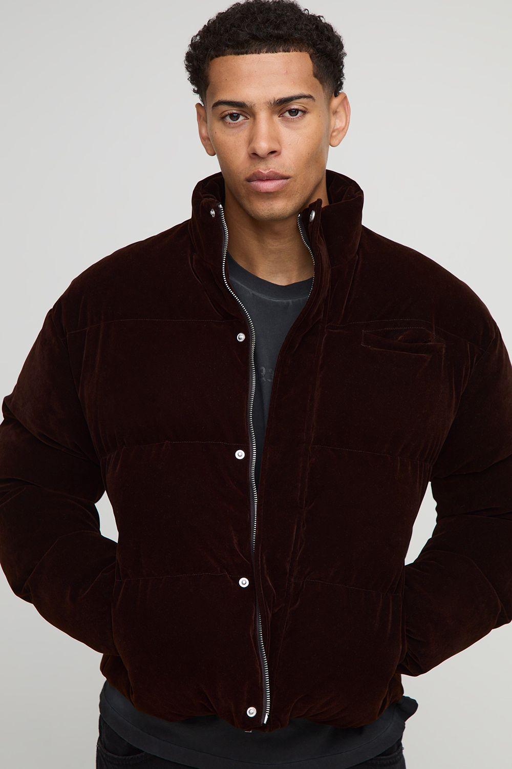 Boxy Fit Velour Funnel Neck Puffer Jacket by BOOHOOMAN