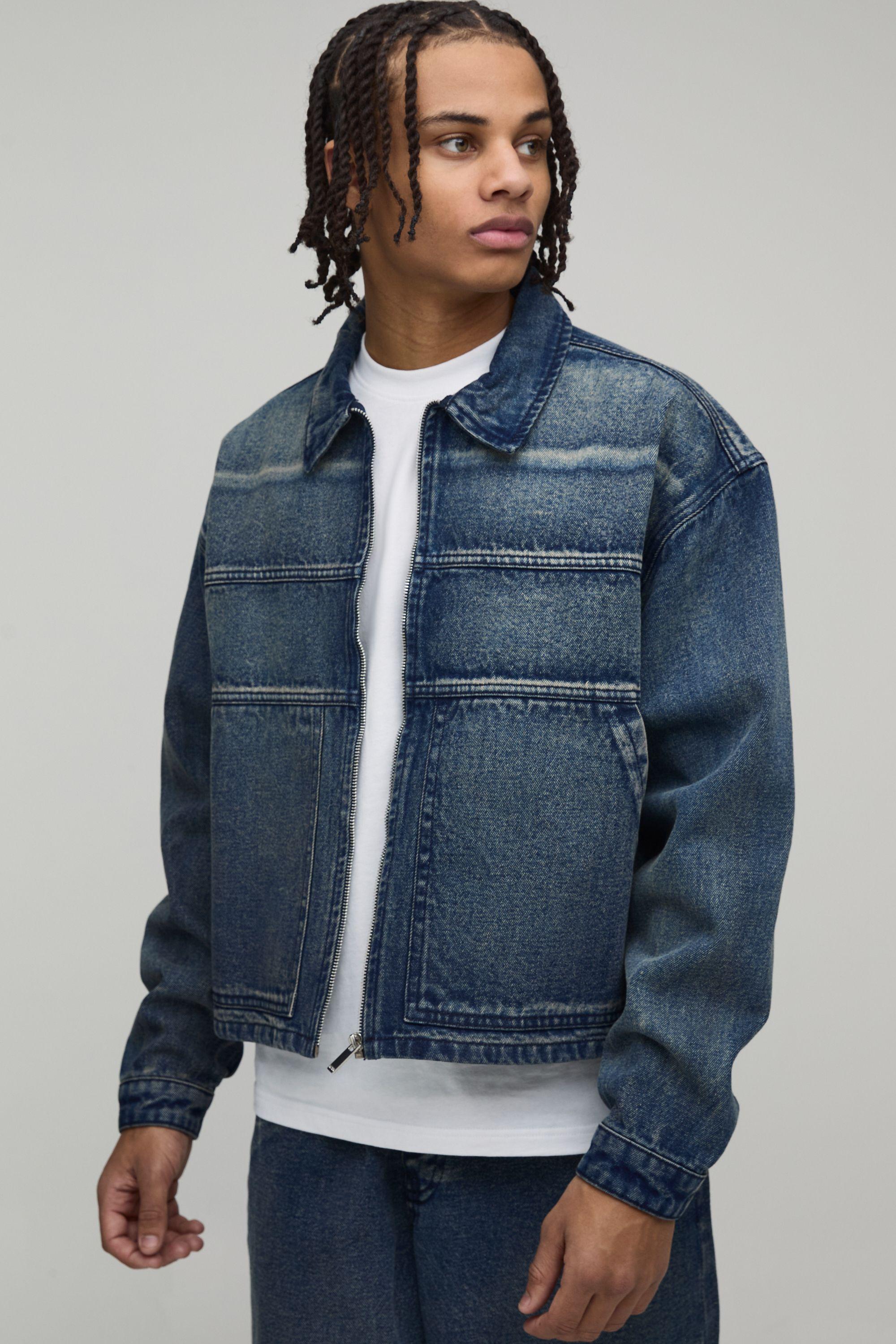 Boxy Fit Washed Denim Harrington Jacket by BOOHOOMAN