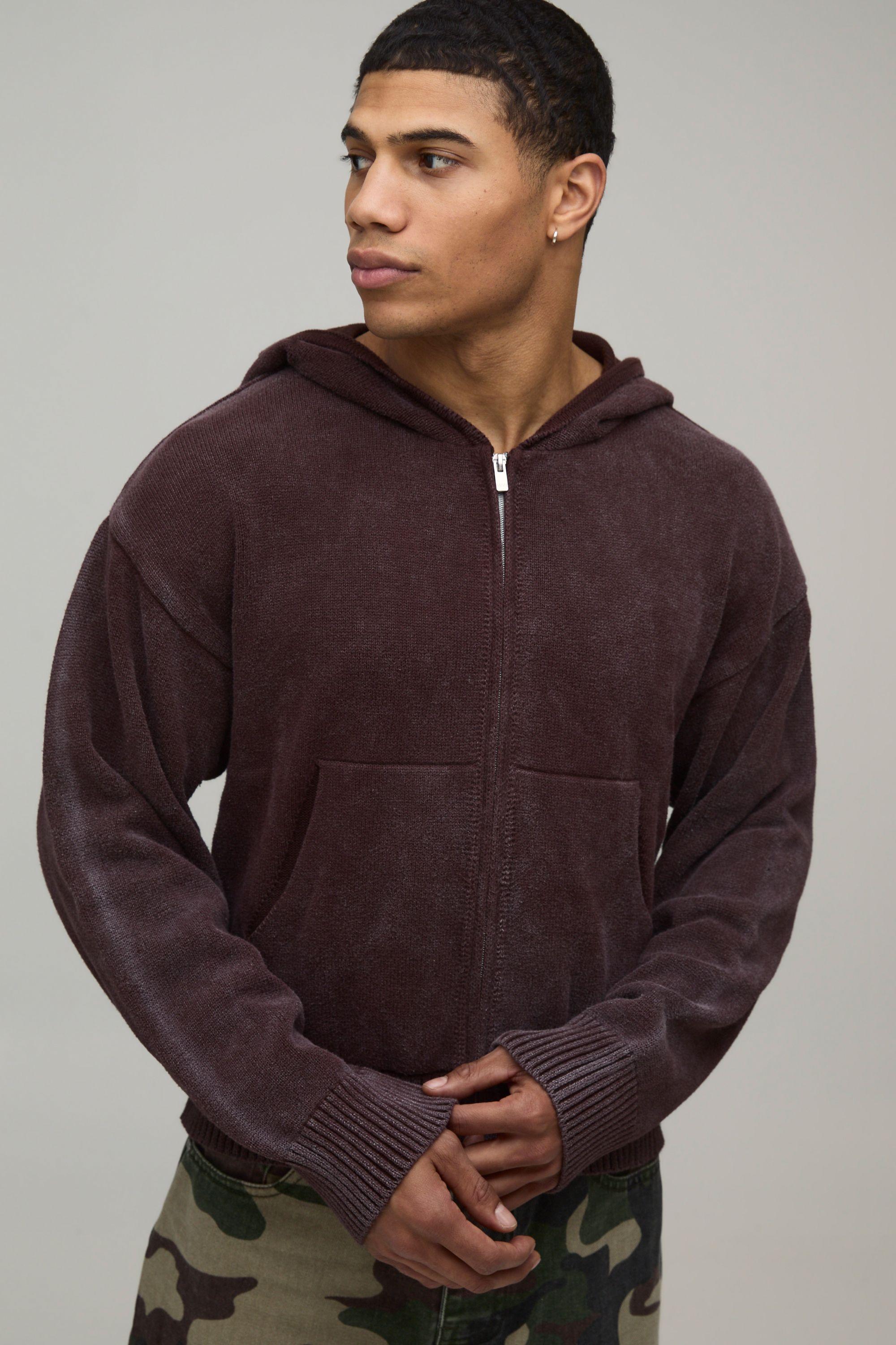 Boxy Fit Washed Effect Knitted Hoodie by BOOHOOMAN