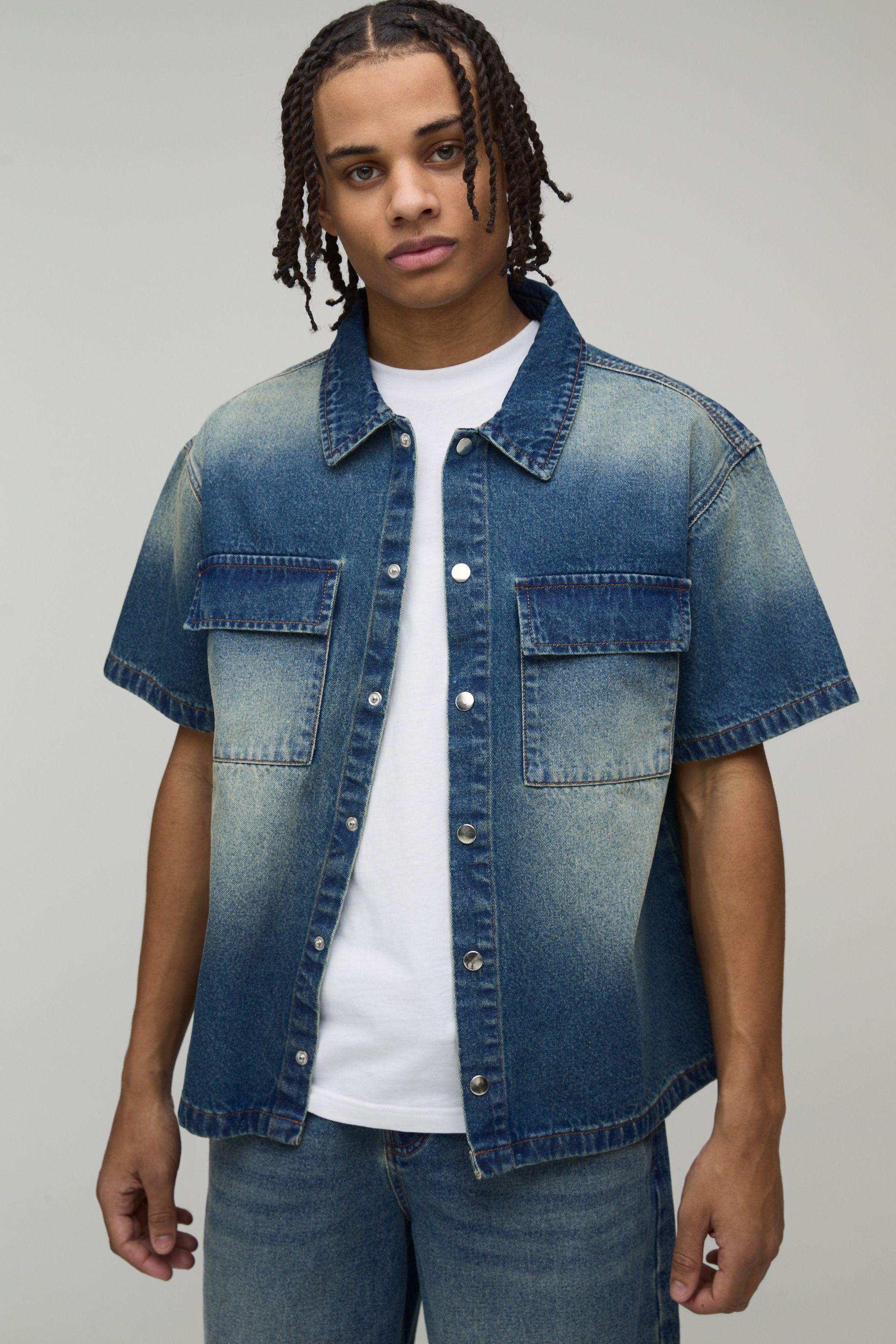 Boxy Fit Washed Pocket Detail Denim Shirt by BOOHOOMAN