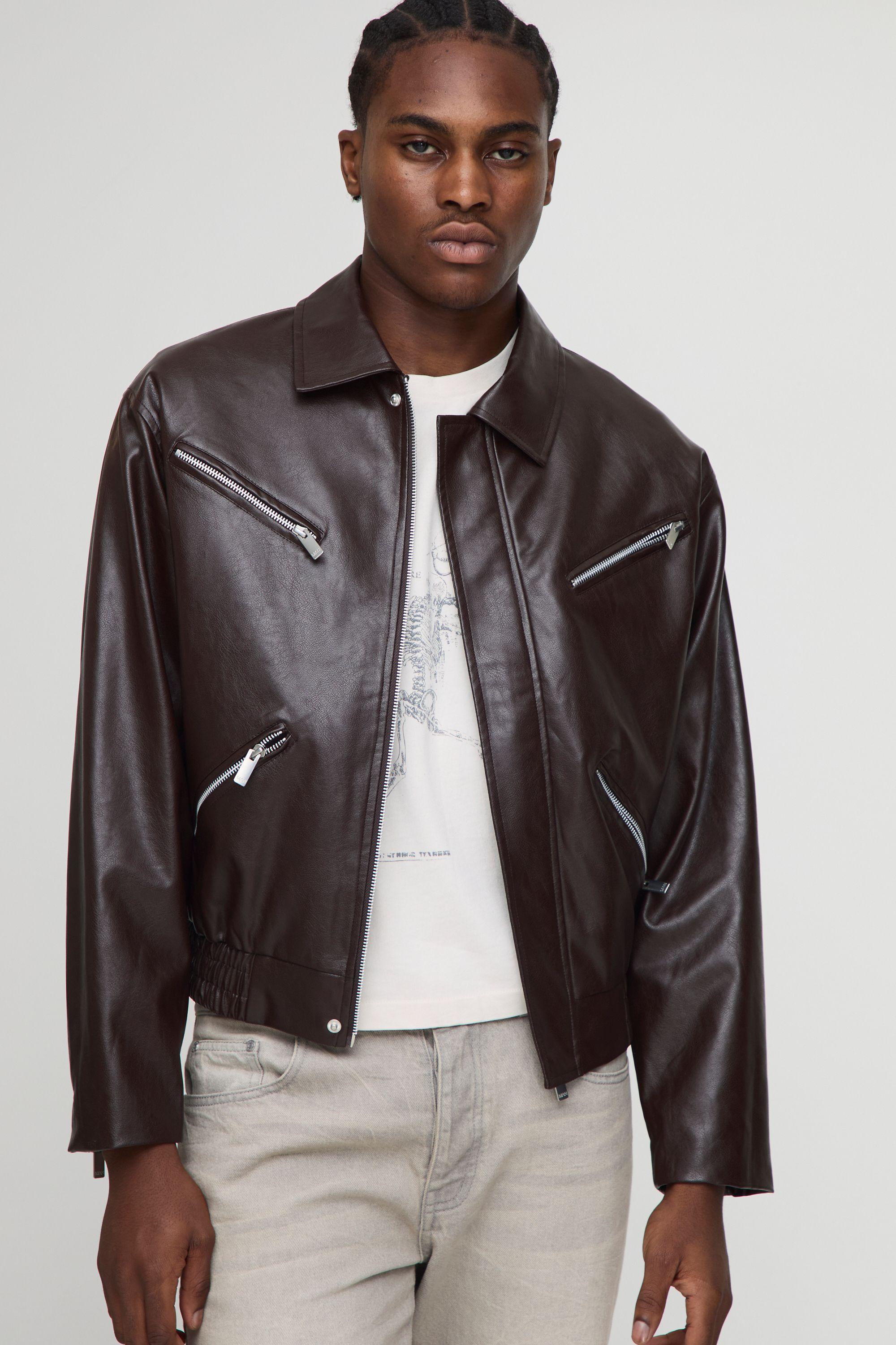 Boxy Fit Zip Detail PU Collared Bomber Jacket by BOOHOOMAN