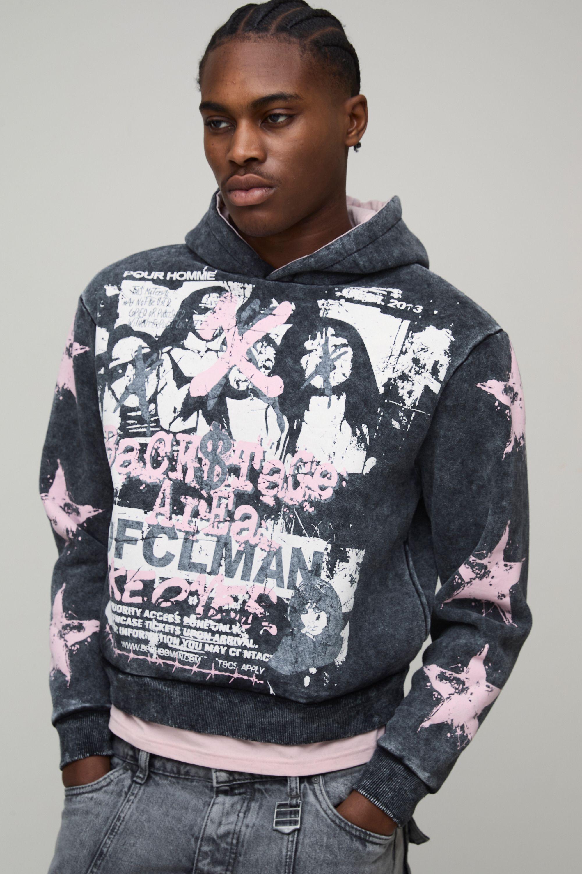 Boxy Gothic Ofcl Man Star Printed Faux Layer Hem Washed Hoodie by BOOHOOMAN