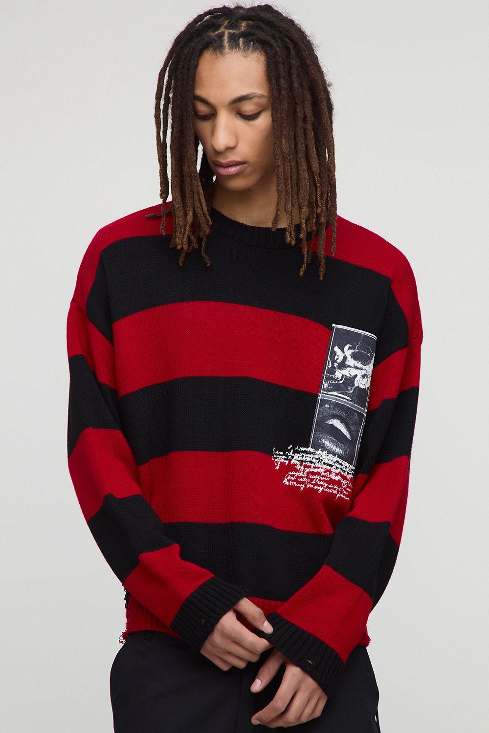 Boxy Gothic Stripe Patch Distressed Knitted Jumper by BOOHOOMAN