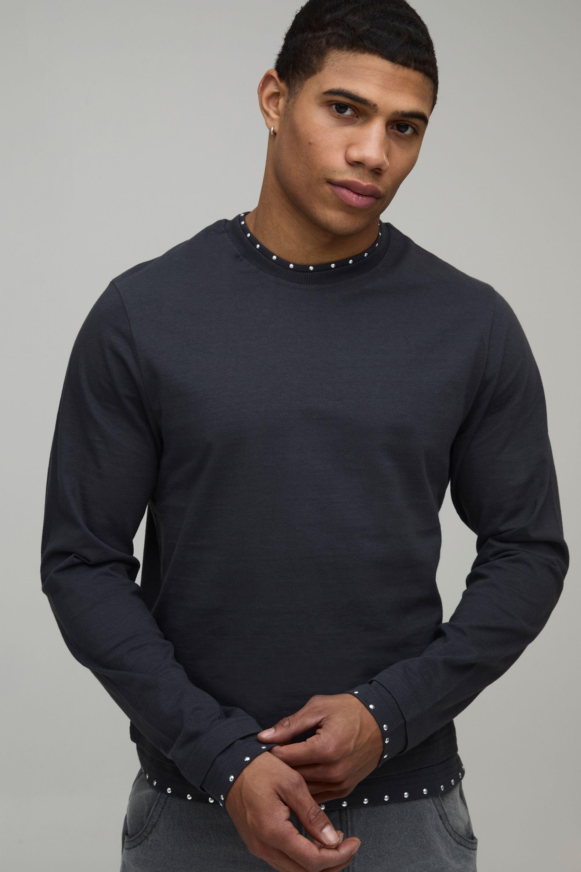 Boxy Heavyweight Washed Studded Long Sleeve T-Shirt by BOOHOOMAN