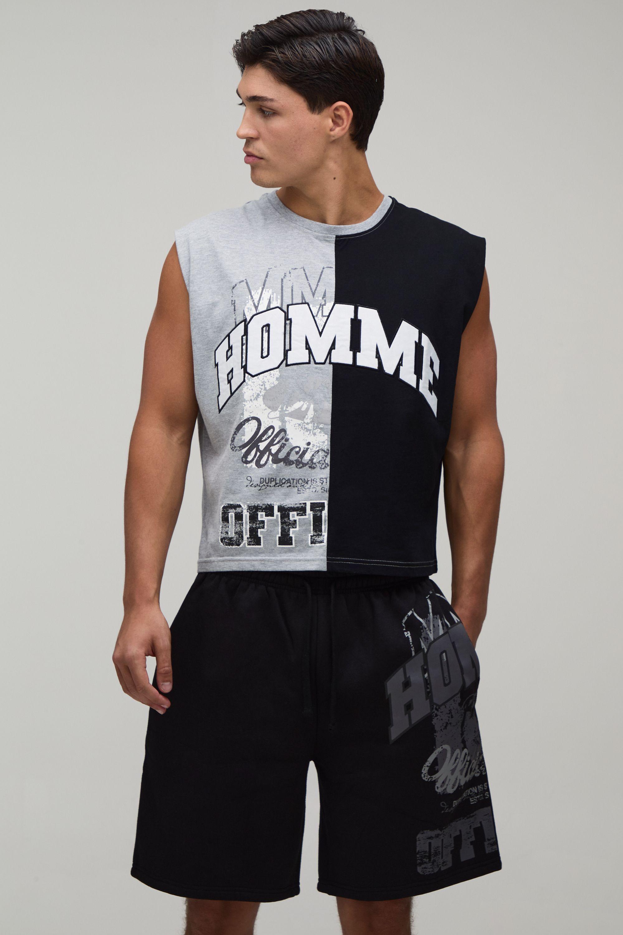 Boxy Length Spliced Homme Applique Tank & Baggy Short Set by BOOHOOMAN
