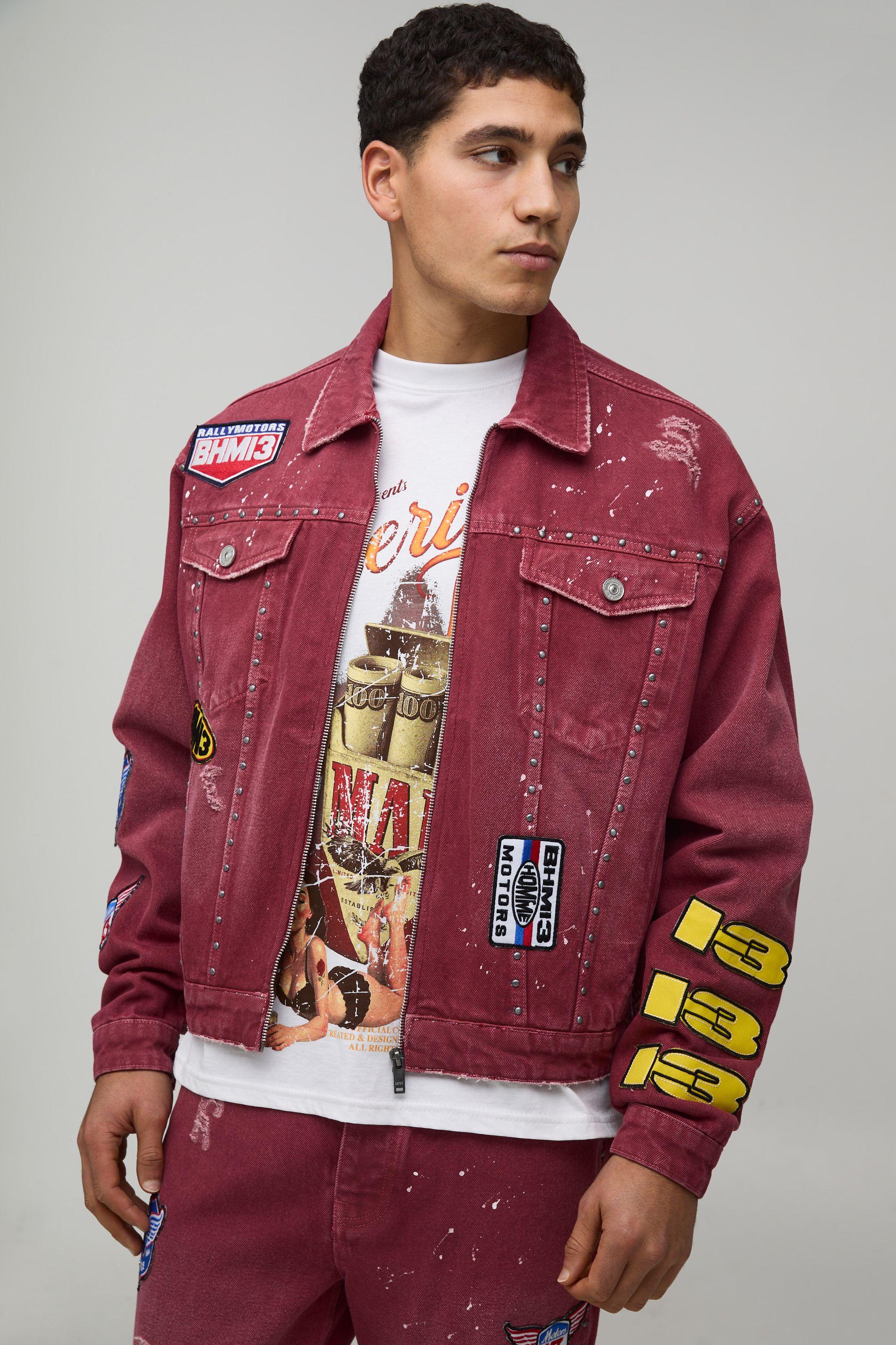 Boxy Moto Badge Washed Denim Jacket by BOOHOOMAN