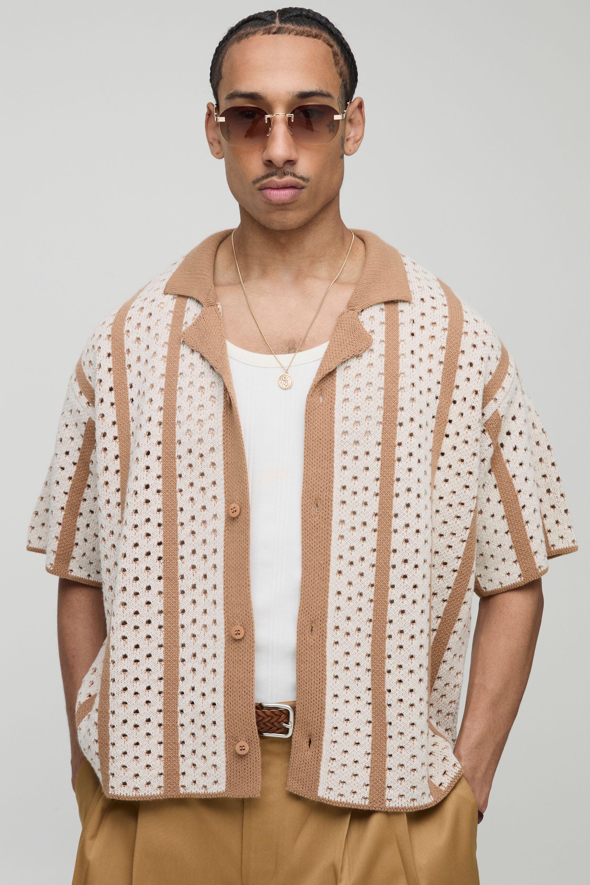 Boxy Open Stitch Revere Stripe Knitted Shirt by BOOHOOMAN