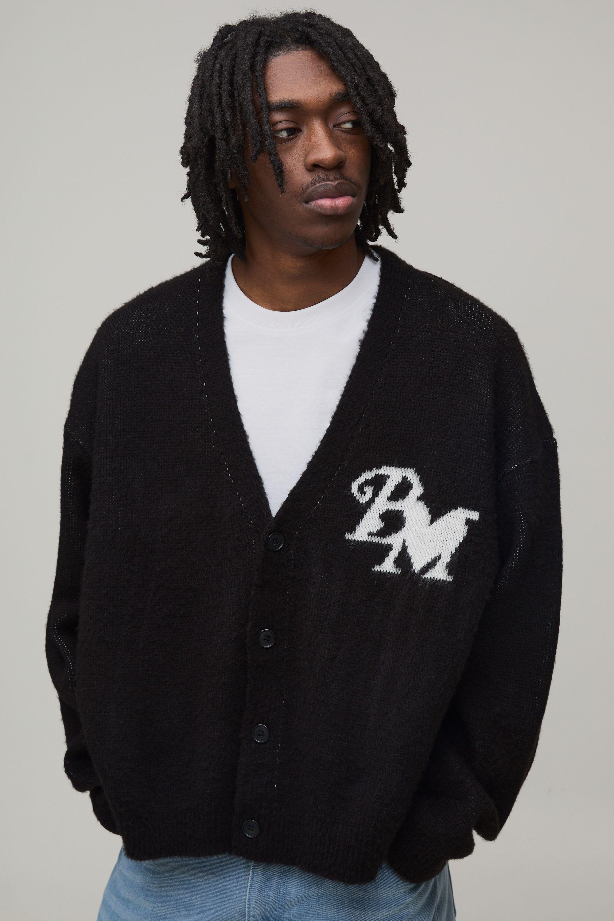 Boxy Oversized Fluffy BM Knitted Cardigan by BOOHOOMAN