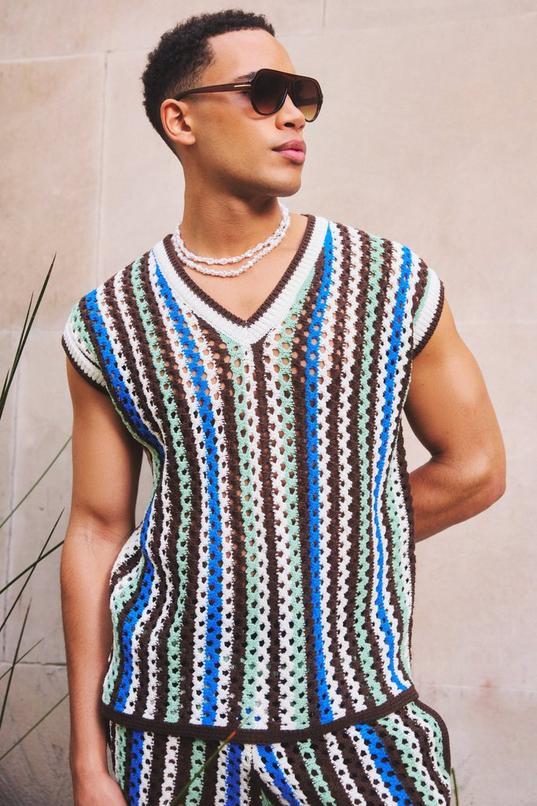 Boxy Oversized Open Stitch V Neck Sweater Vest by BOOHOOMAN Boxy Oversized Open Stitch V Neck Sweater Vest by BOOHOOMAN