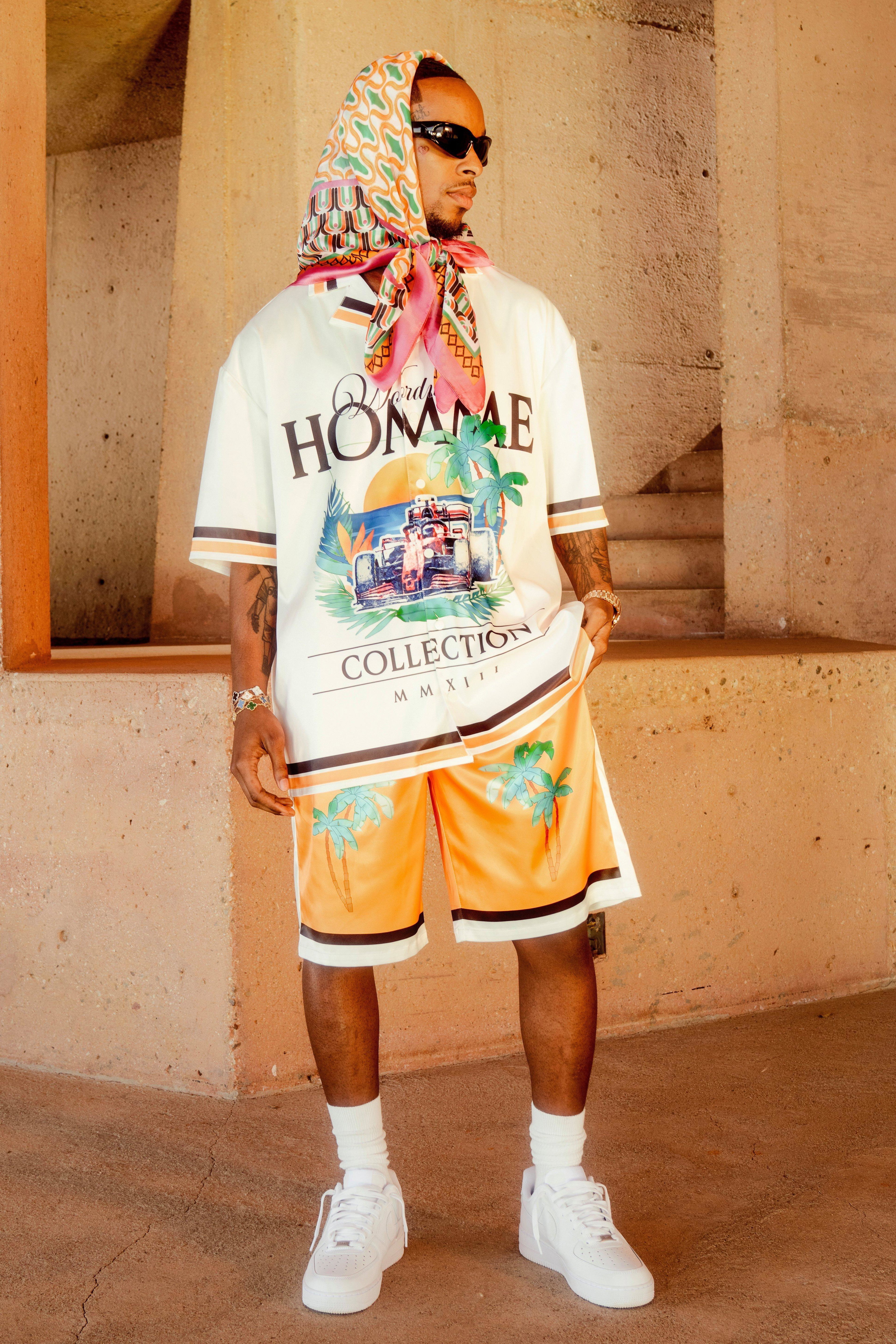 Boxy Oversized Satin Graphic Shirt And Shorts Set by BOOHOOMAN