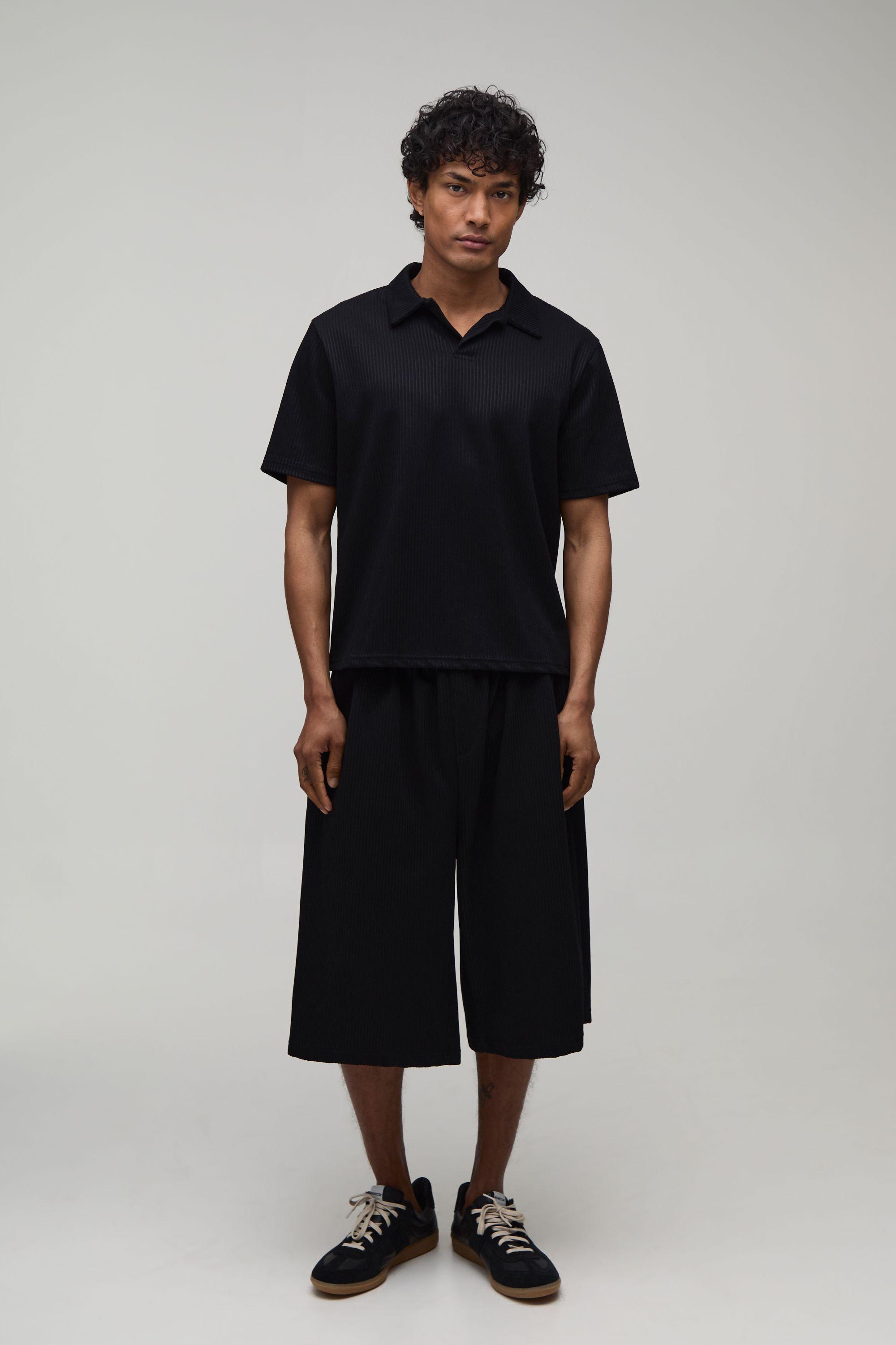 Boxy Pleated Revere Polo & Bermuda Short Set by BOOHOOMAN