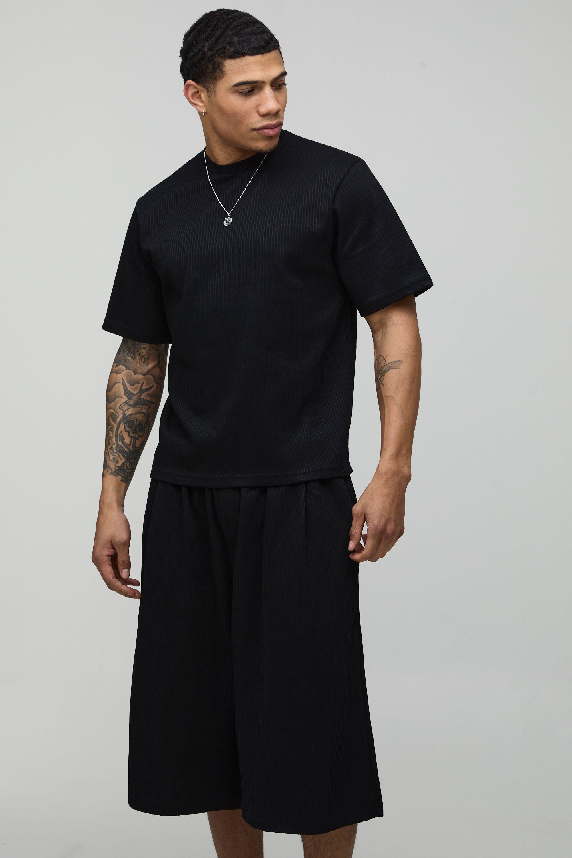 Boxy Pleated T-Shirt & Bermuda Short Set by BOOHOOMAN