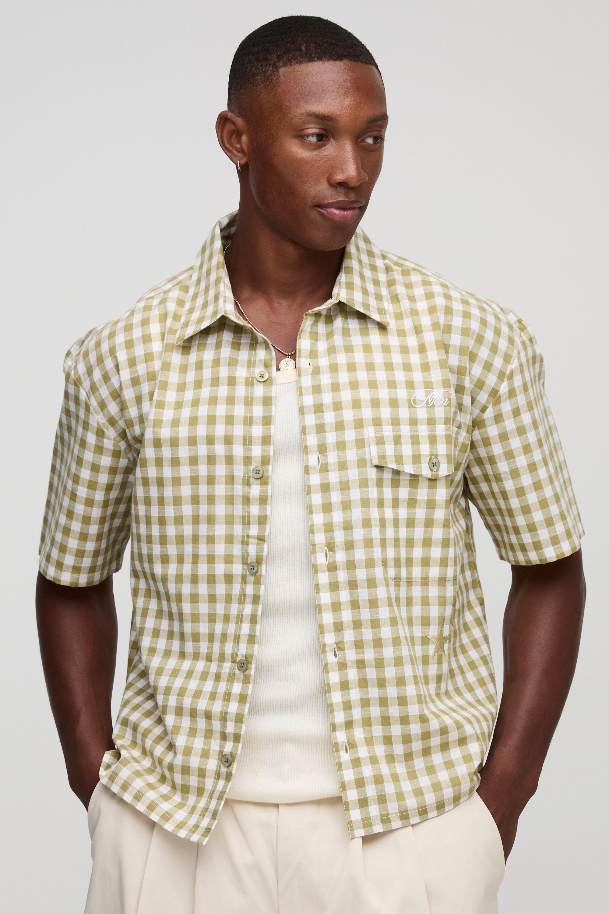 Boxy Pocket Detail Micro Check Shirt by BOOHOOMAN