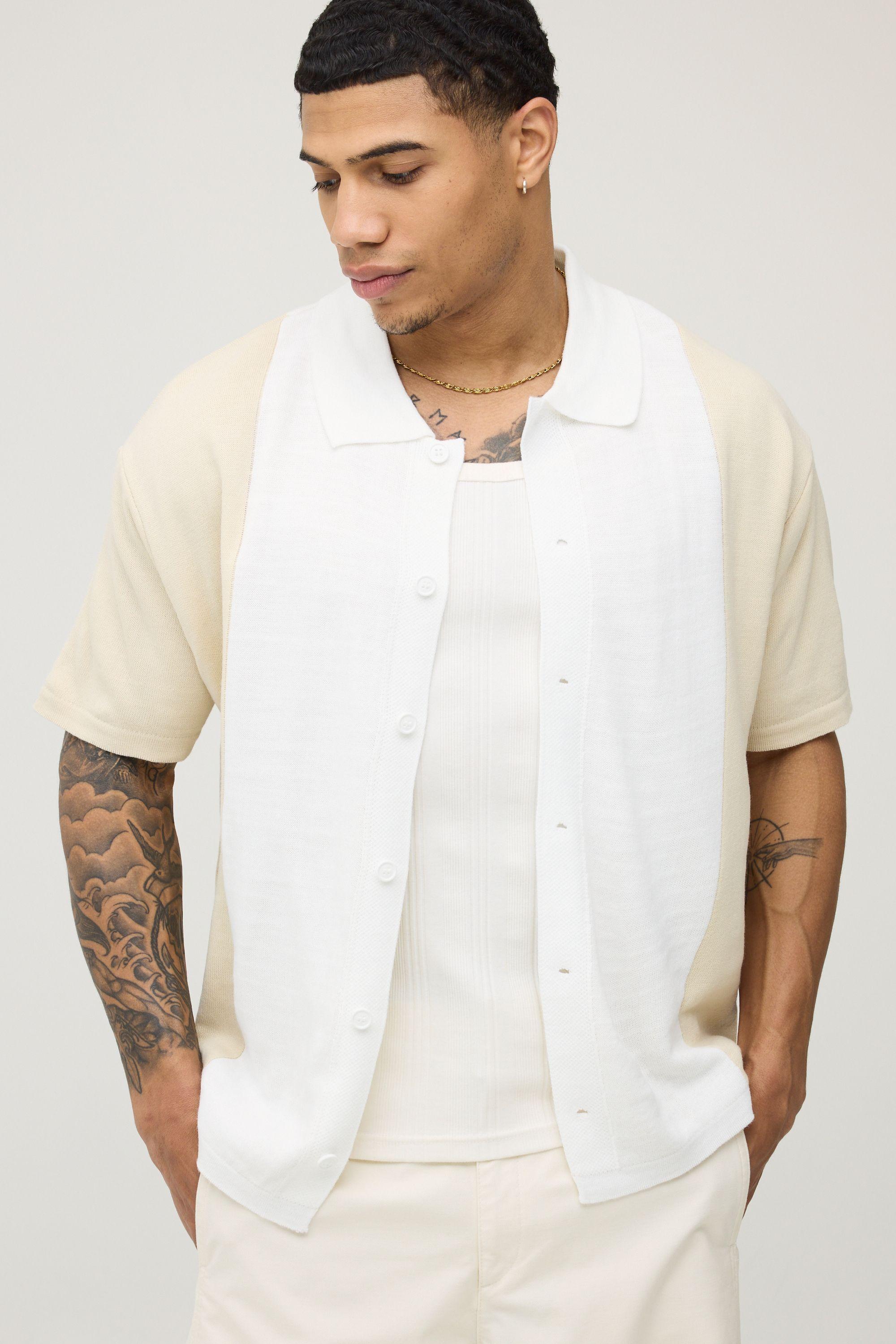 Boxy Relaxed Contrast Colour Block Knitted Shirt by BOOHOOMAN