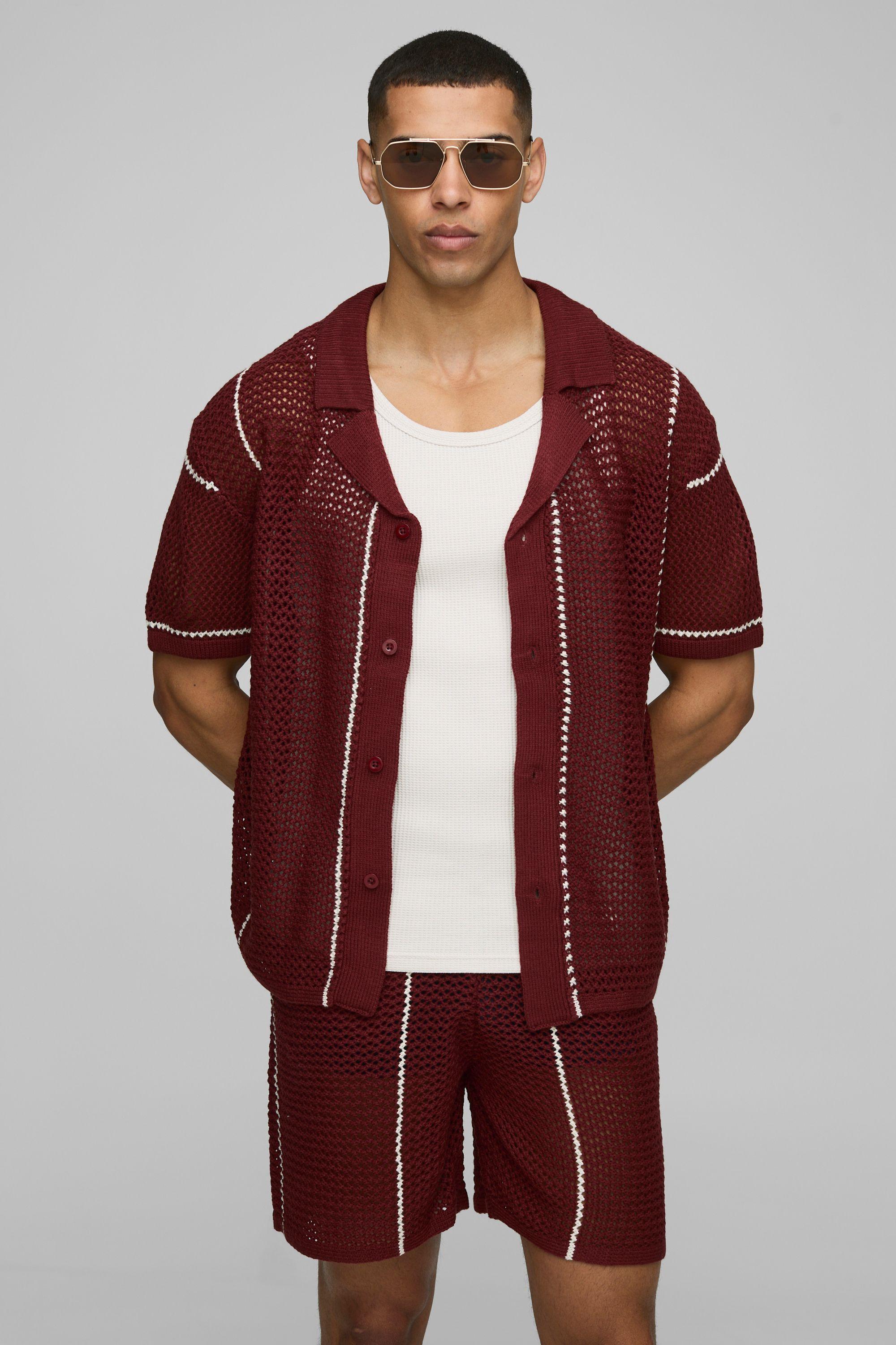 Boxy Revere Collar Open Stitch Stripe Knitted Shorts Set by BOOHOOMAN