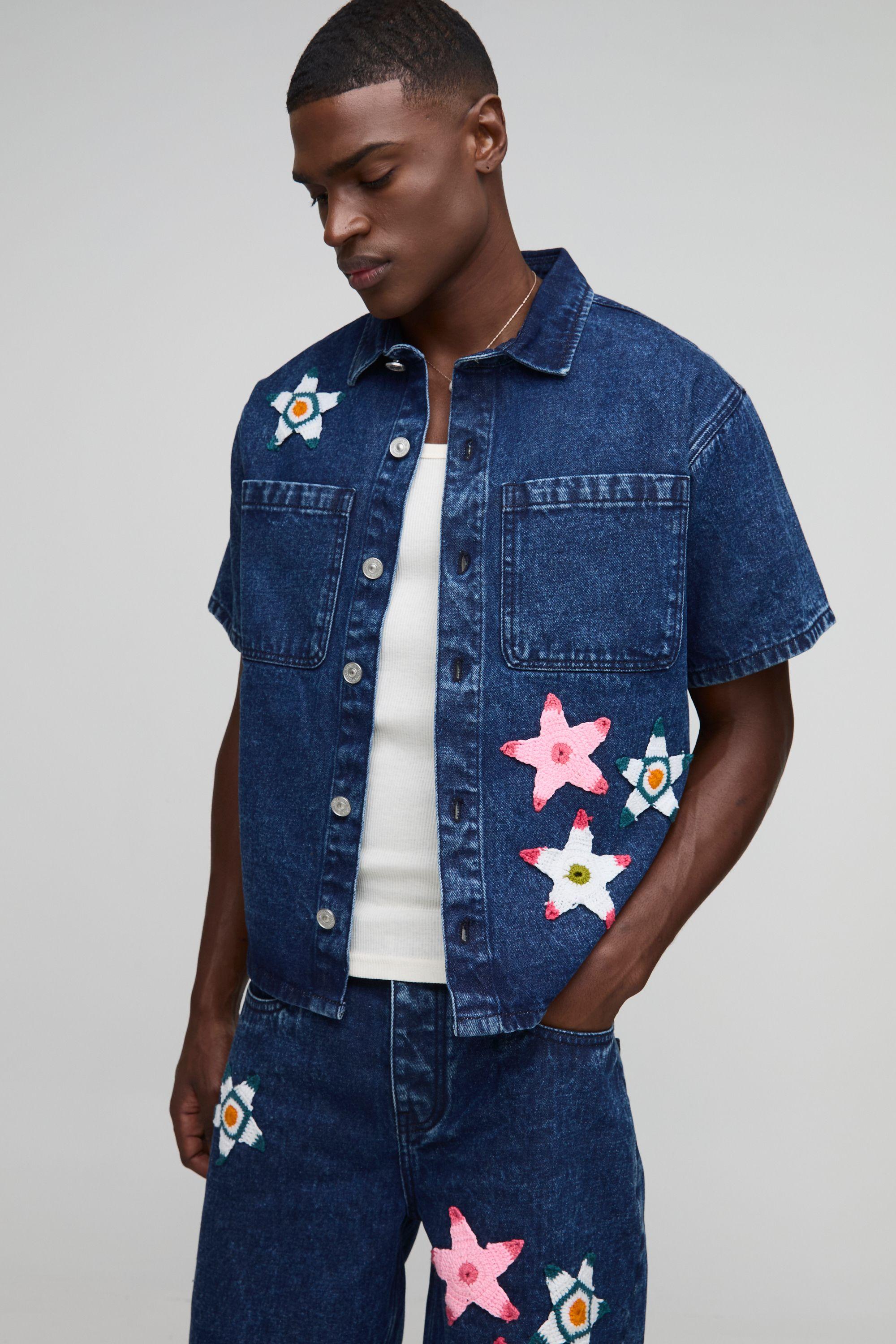 Boxy Revere Star Crochet Applique Denim Shirt by BOOHOOMAN