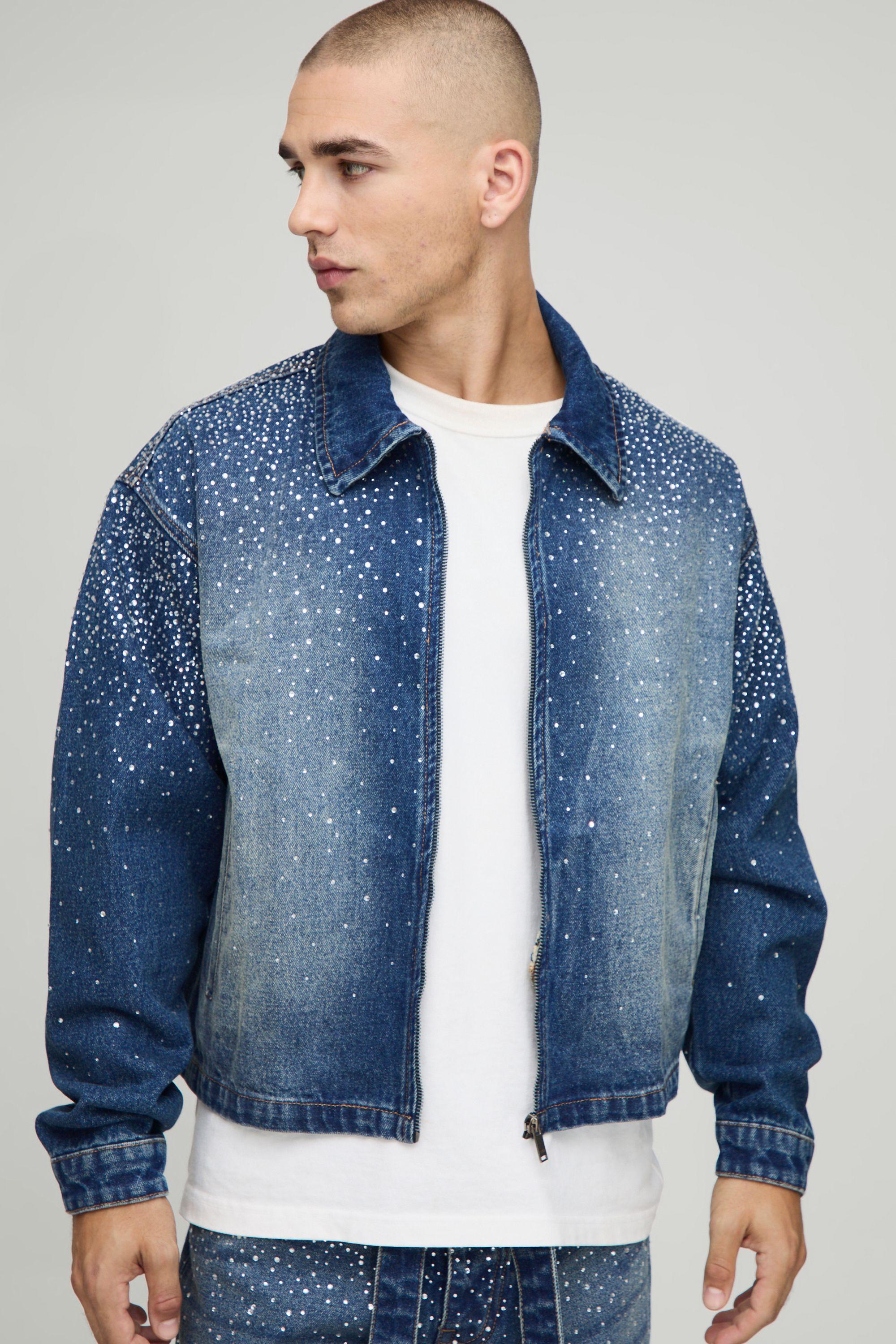 Boxy Rhinestone Denim Jacket by BOOHOOMAN