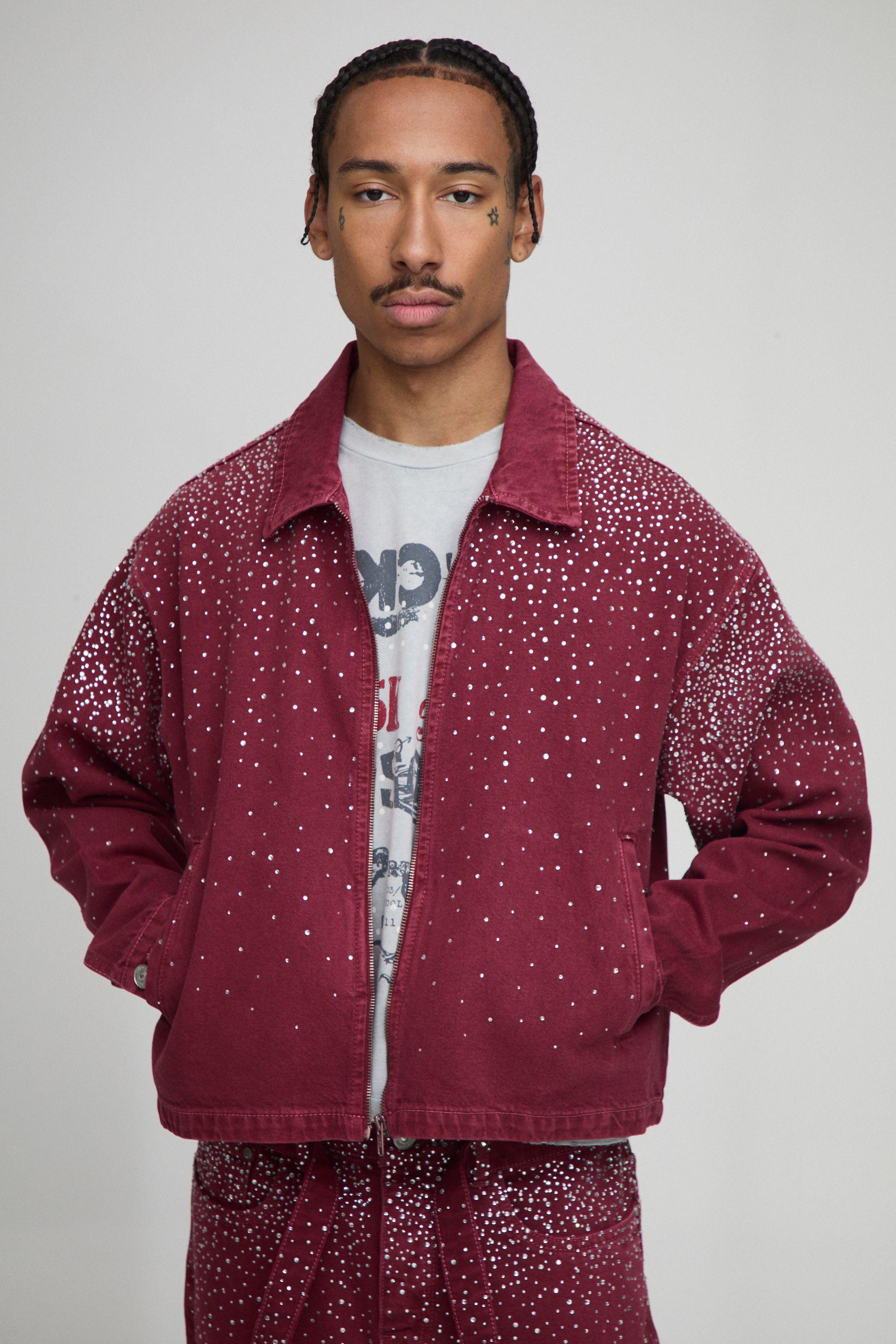 Boxy Rhinestone Denim Jacket by BOOHOOMAN