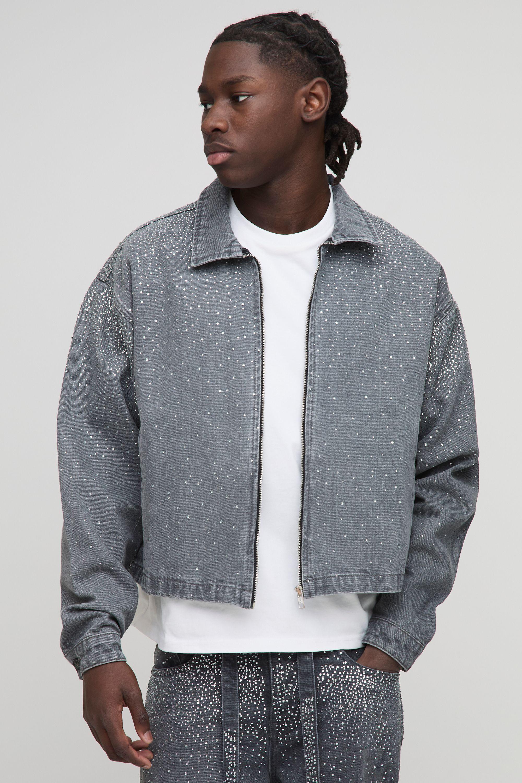 Boxy Rhinestone Denim Jacket by BOOHOOMAN