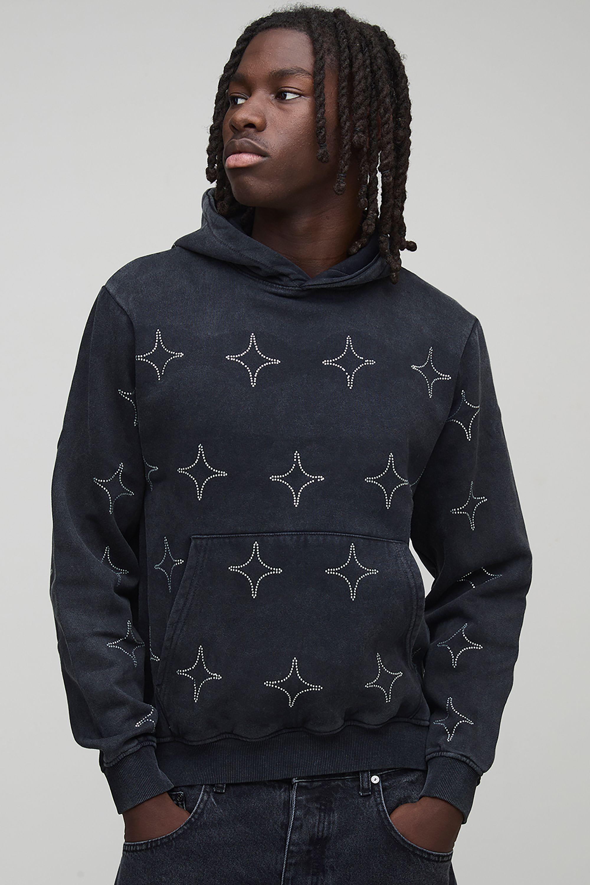 Boxy Washed All  Over Rhinestone Hoodie by BOOHOOMAN