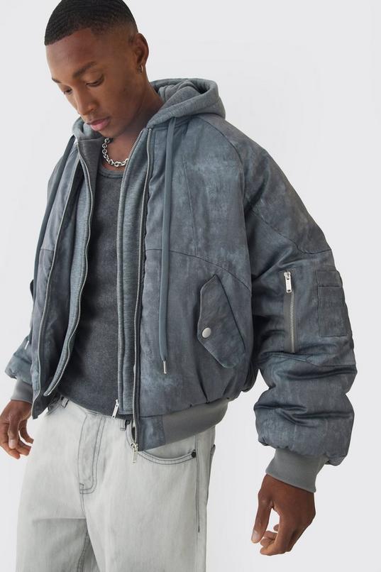 Boxy Washed Padded Hooded Bomber Jacket by BOOHOOMAN