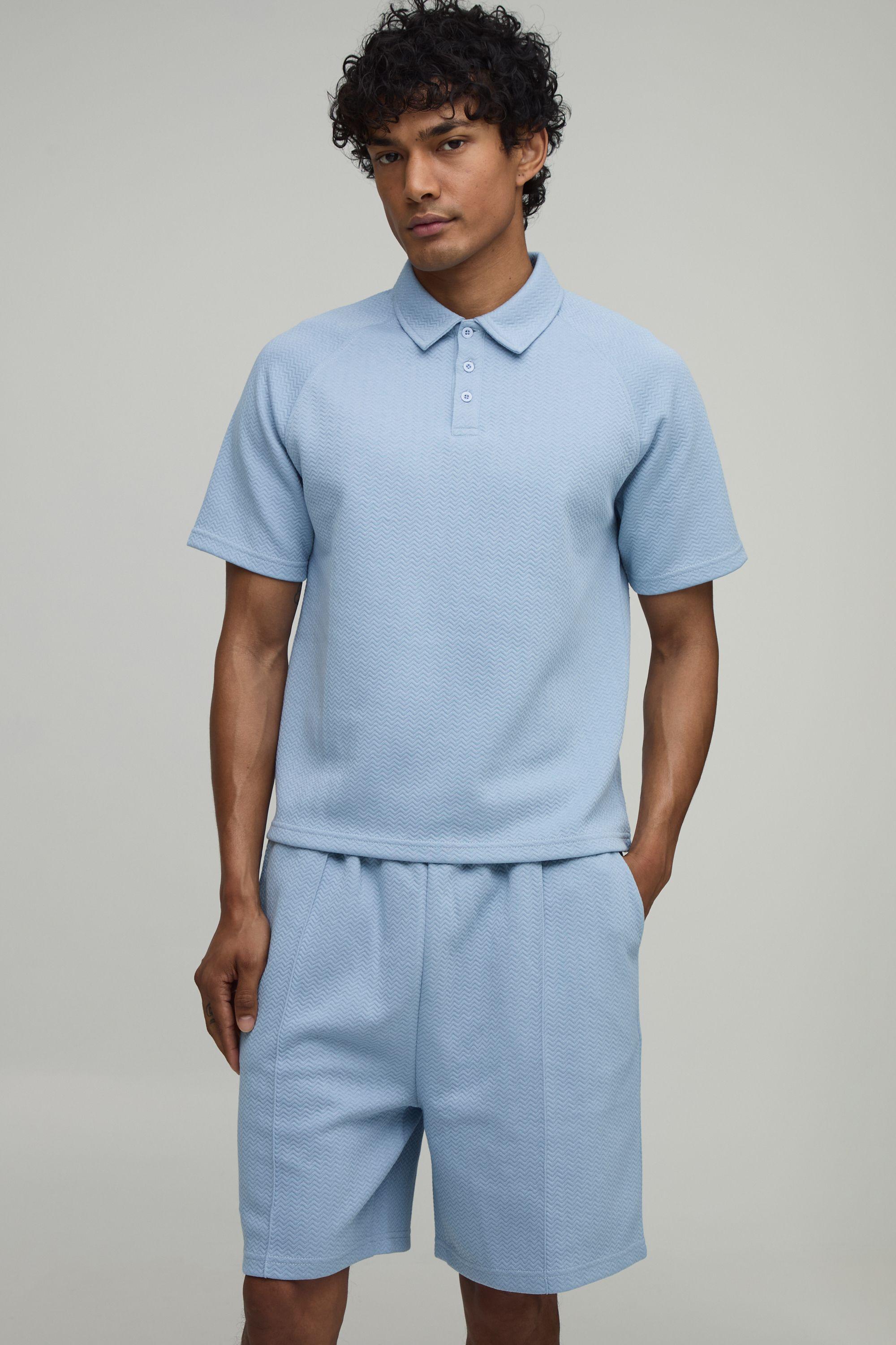 Boxy Wavy Jacquard Raglan Polo & Pleat Detail Shorts Set by BOOHOOMAN