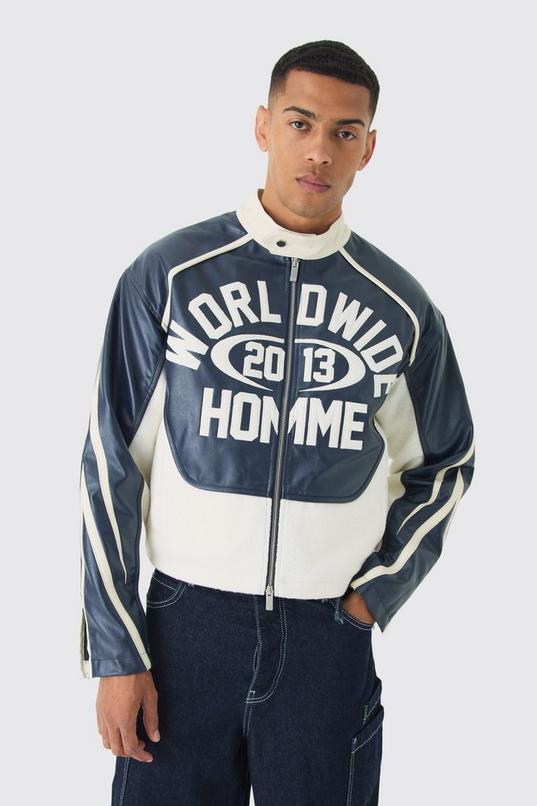 Boxy Worldwide Boucle Panel PU Moto Jacket In Navy by BOOHOOMAN Boxy Worldwide Boucle Panel PU Moto Jacket In Navy by BOOHOOMAN