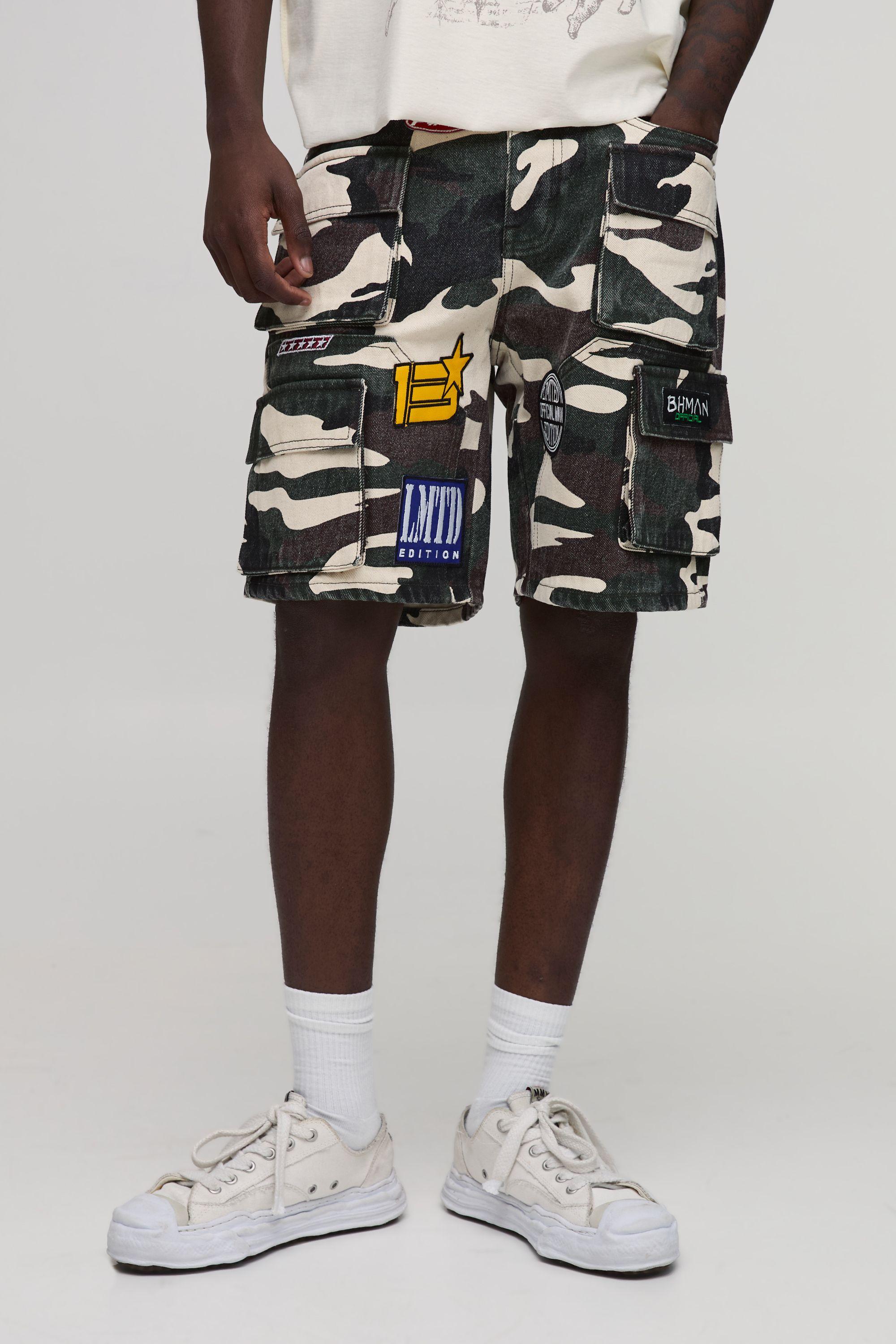 Camo Multi Badge Cargo Denim Shorts by BOOHOOMAN