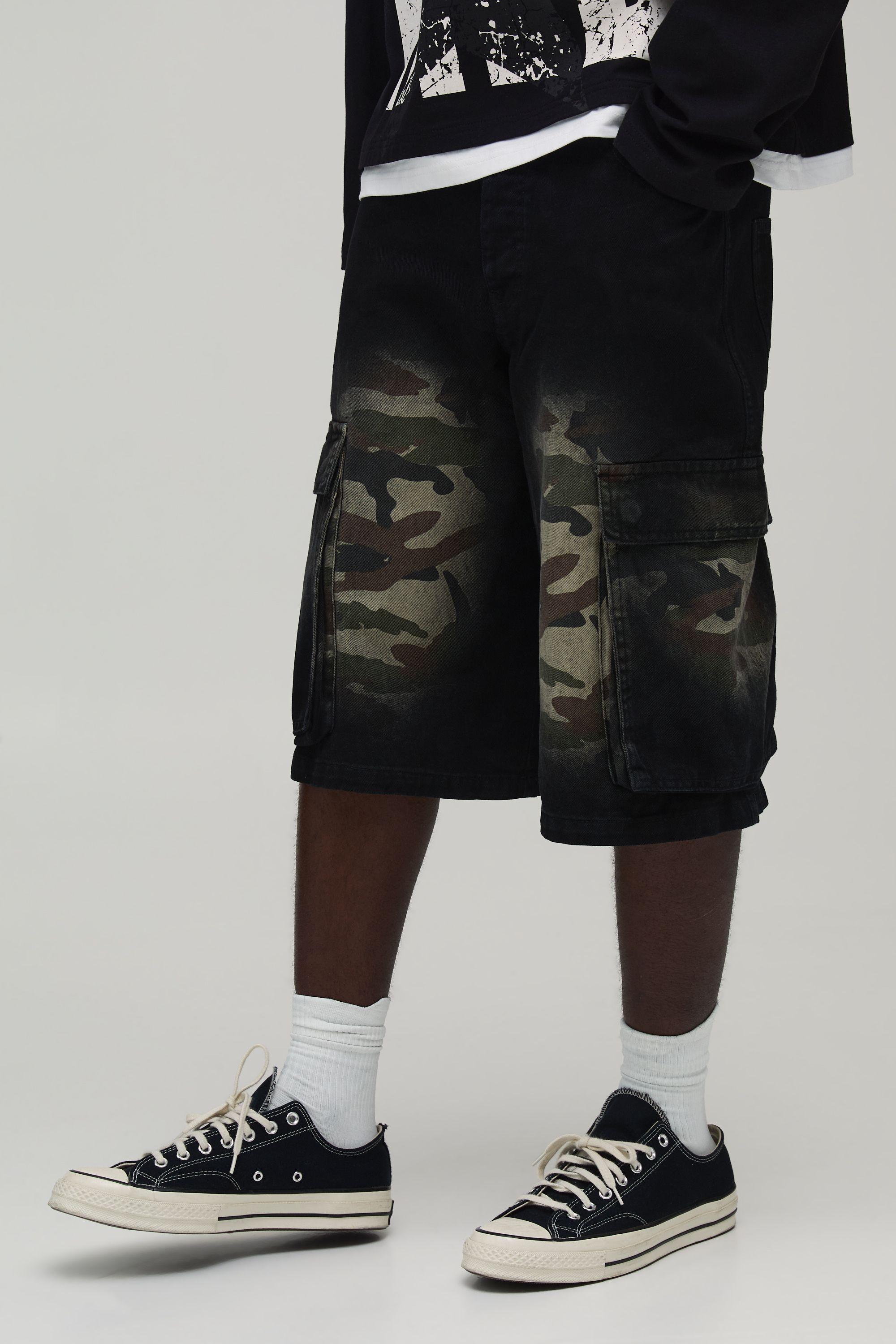Camo Overdye Cargo Denim Jorts by BOOHOOMAN