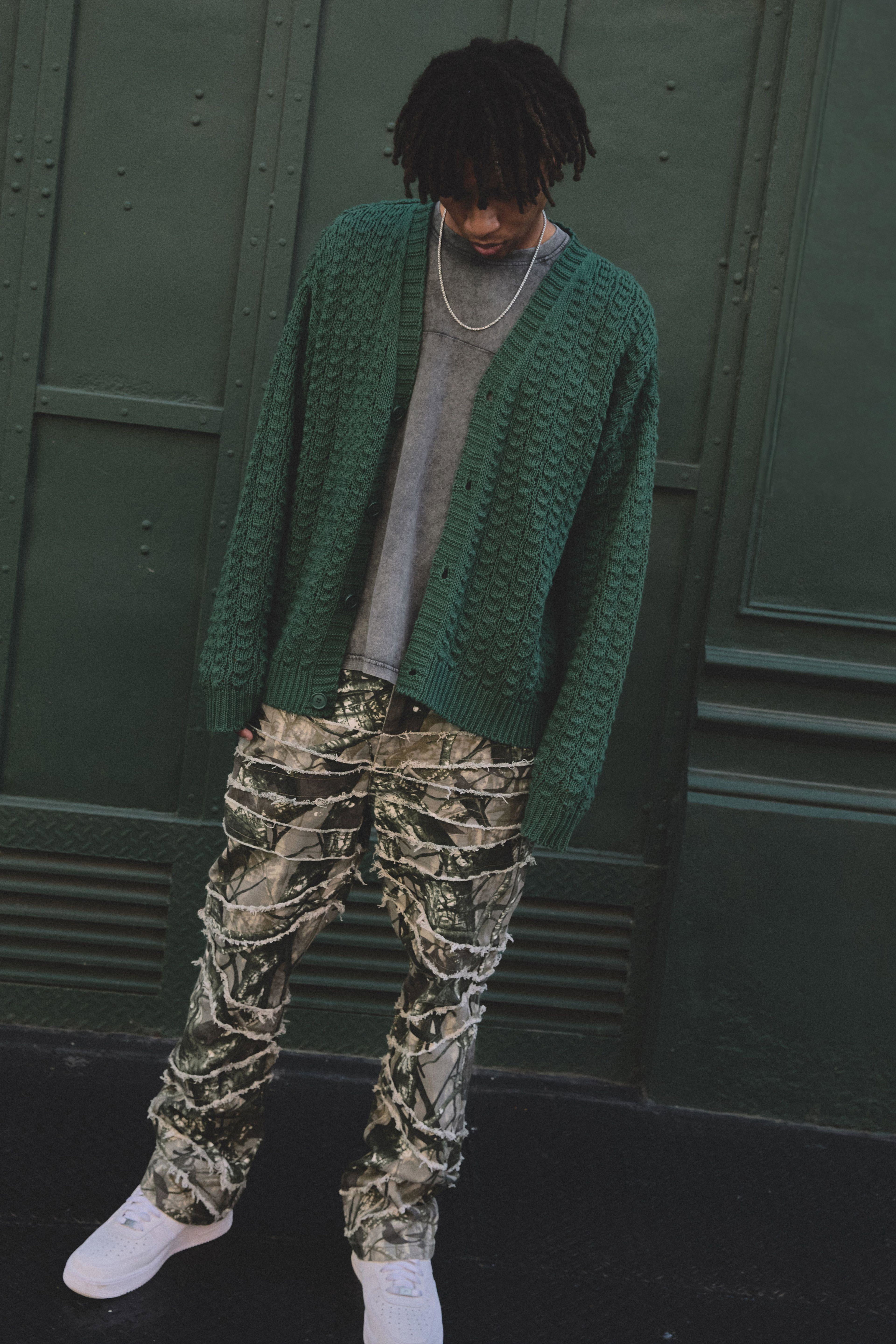 Camo Print Skinny Flare Raw Edge Applique Trouser by BOOHOOMAN