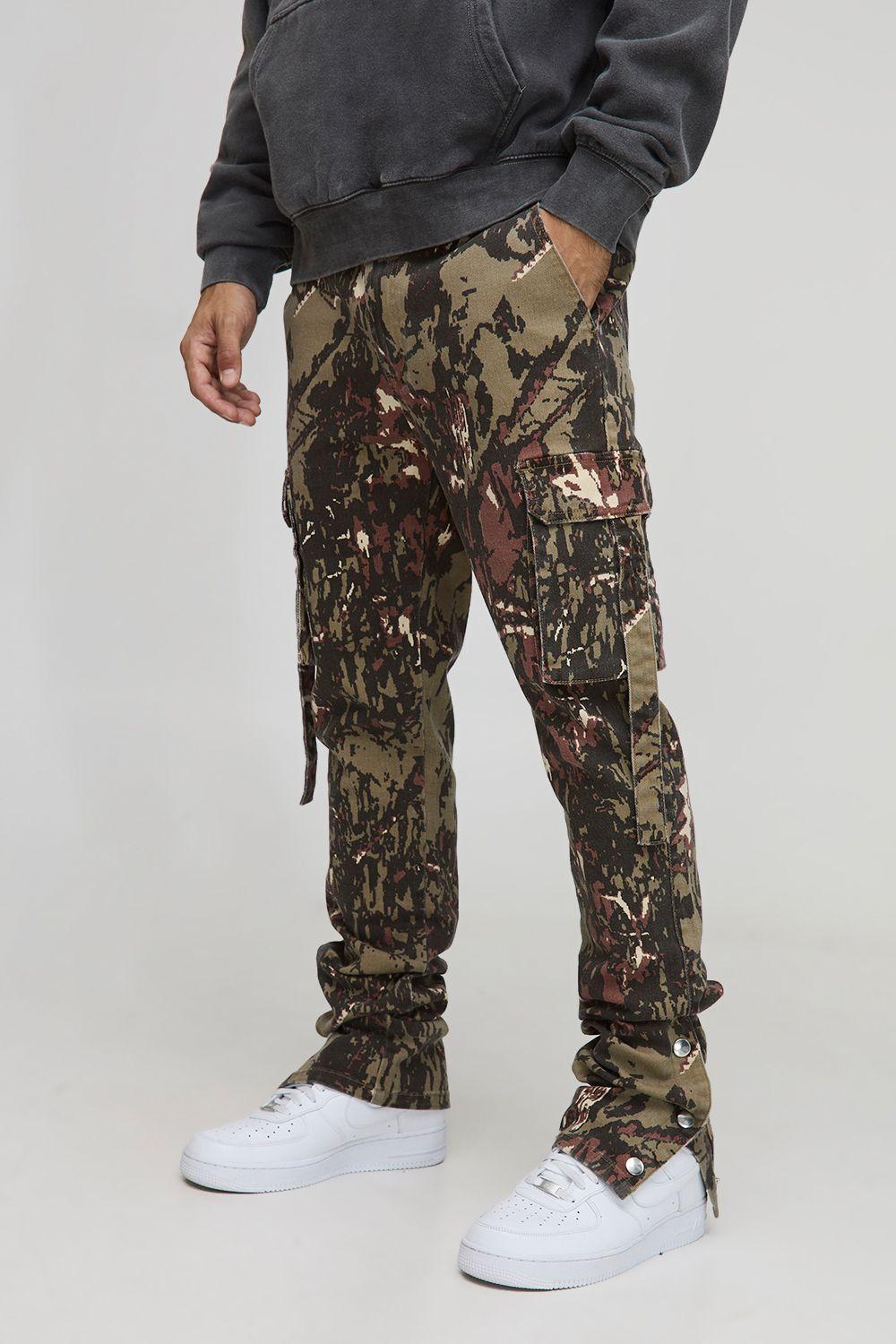 Camo Print Stacked Skinny Fit Popper Trouser by BOOHOOMAN